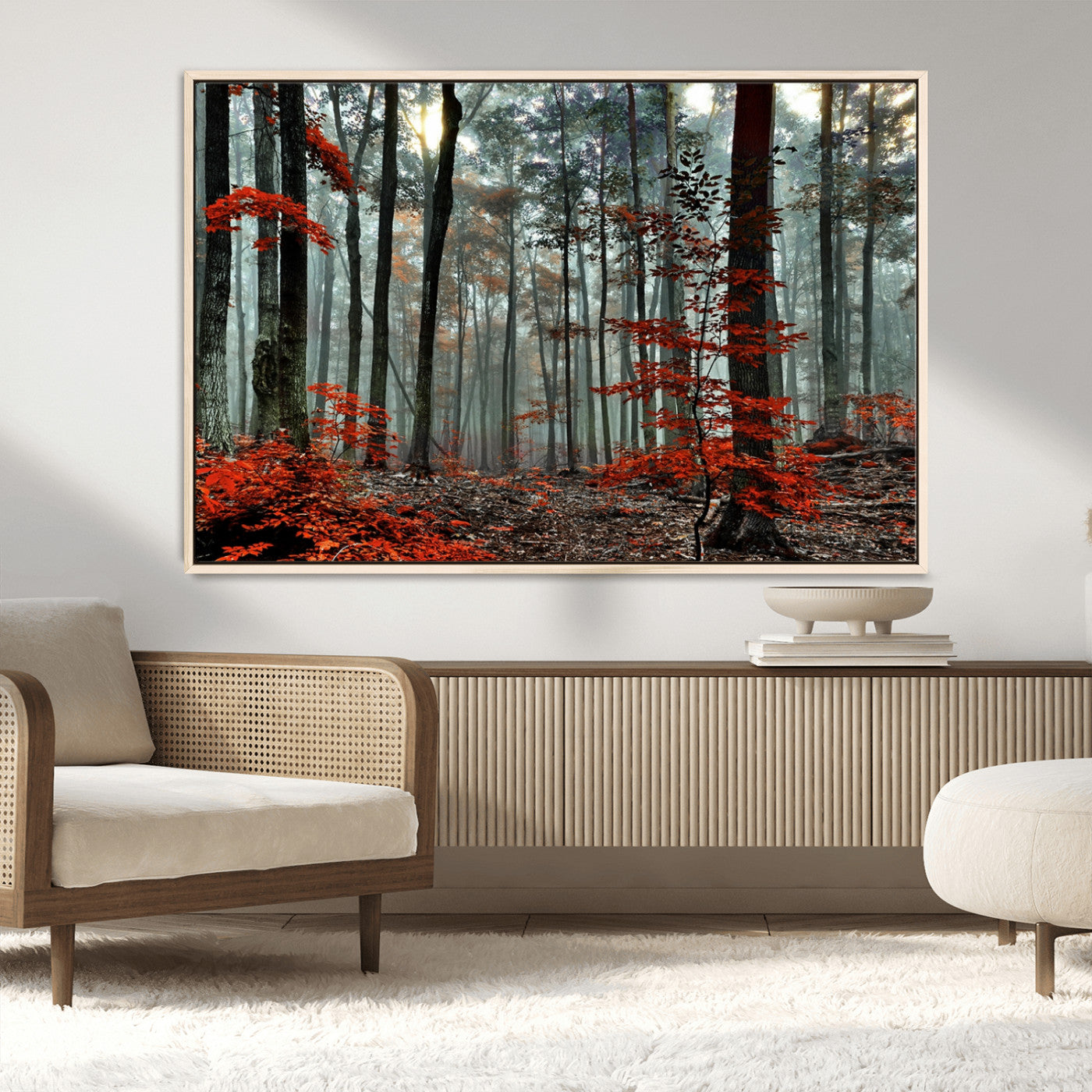 MGV-FC-36X24 - Autumn Forest Canvas Wall Art – Enchanting Red Leaves Triptych Print – Nature-Inspired Decor for