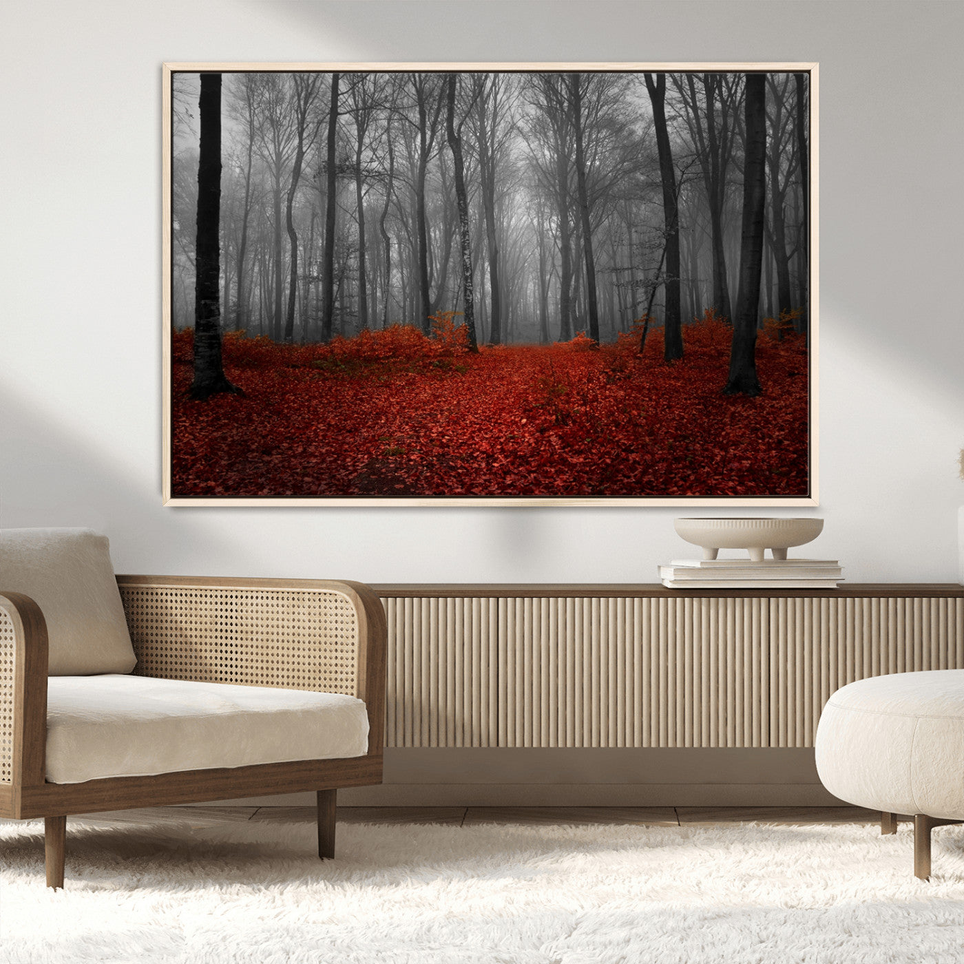 MGV-FC-36X24 - Red Forest Floor Canvas Wall Art – Mystical Foggy Woodland Triptych – Nature-Inspired Decor for