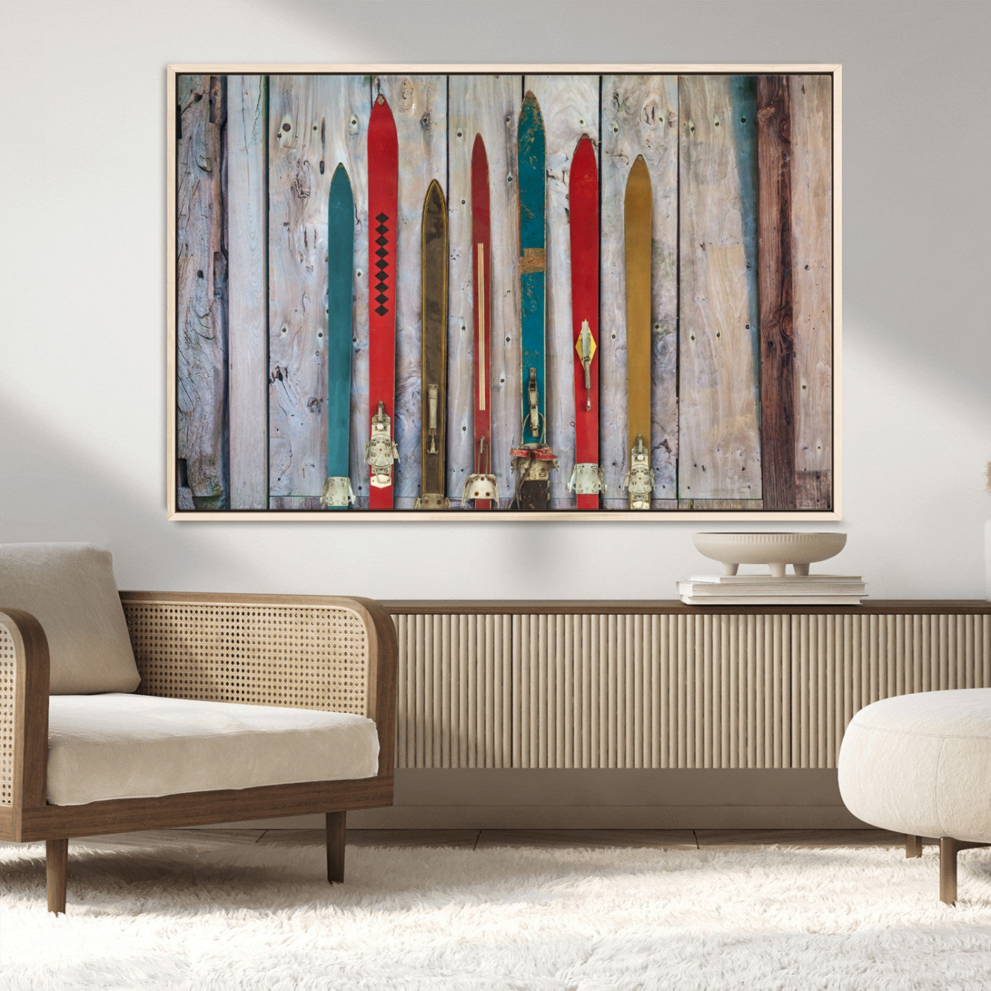 MGV-FC-36X24 - Vintage Wooden Weathered Ski's in Front of an Old Barn Wall Art Canvas Print for Farmhouse, Cabin