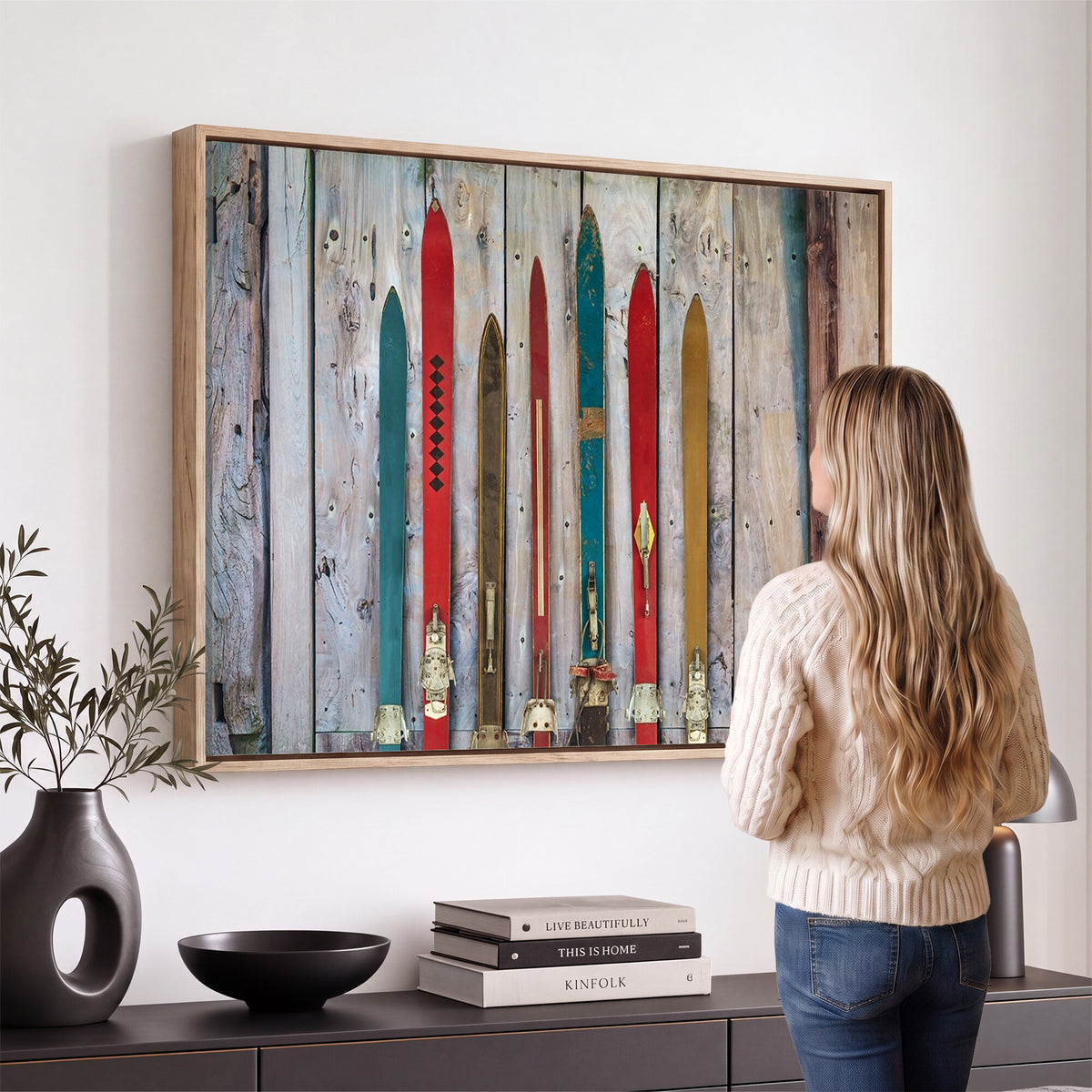 30640-MGV-CV-36X24 - Vintage Wooden Weathered Skis in Front of an Old Barn Wall Art Canvas Print