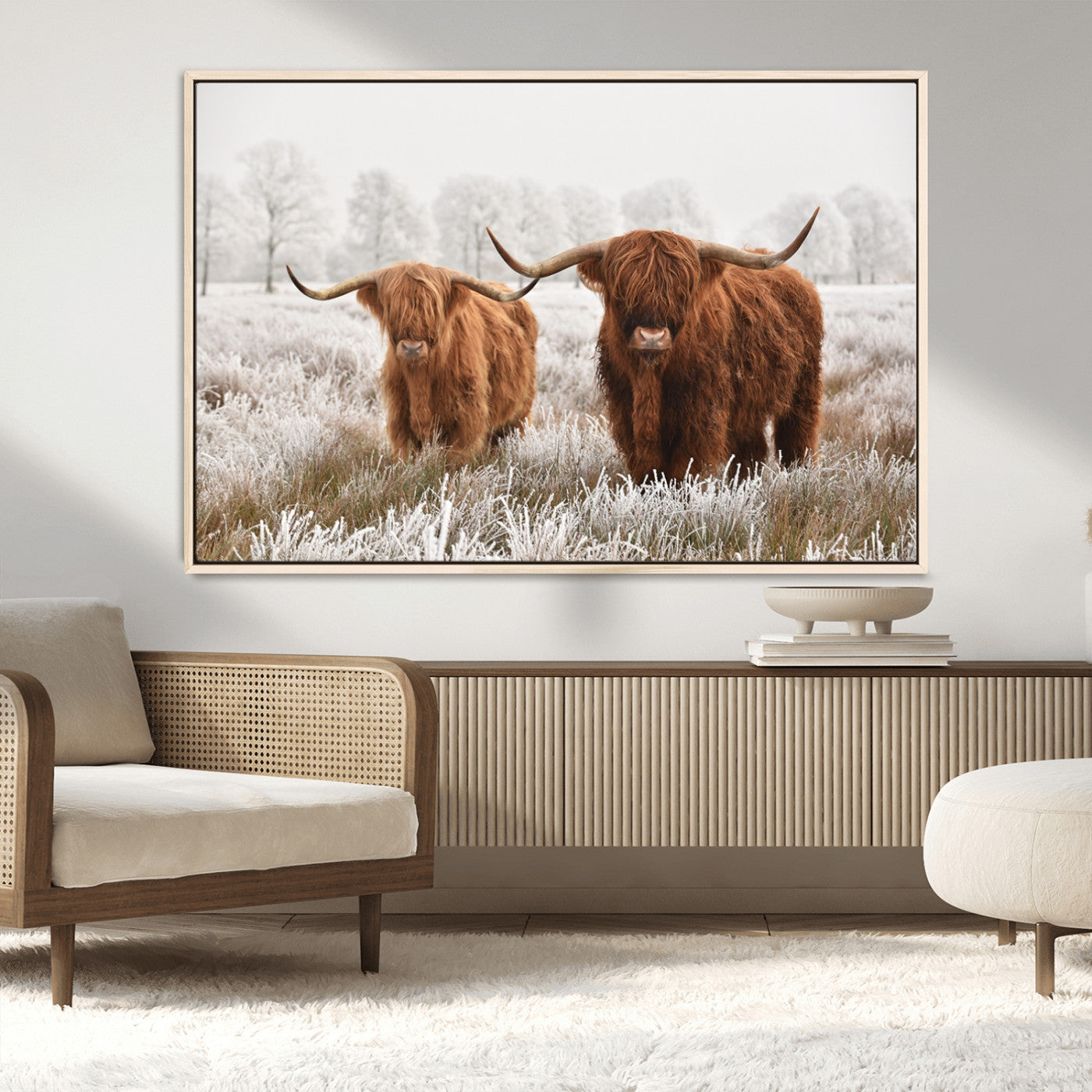 MGV-FC-36X24 - Longhorn Cattle Wall Art Canvas Print, Framed Farmhouse Style Art Picture Print, Rustic Cow Perfect Rustic Farmhouse Decor Artwork