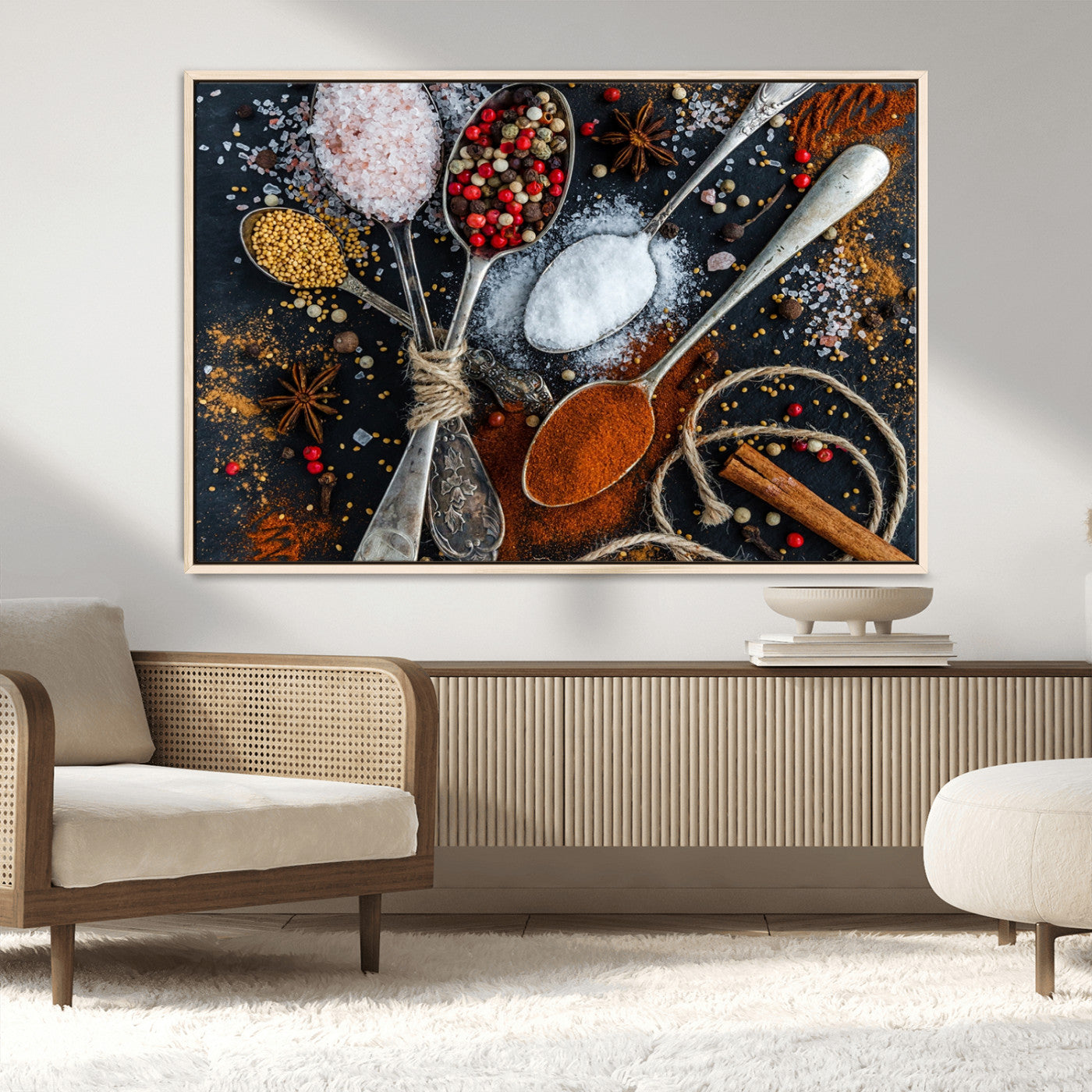 MGV-FC-36X24 - Spices and Seasonings Canvas Wall Art – Colorful Triptych Kitchen Decor – Culinary Art for Dining