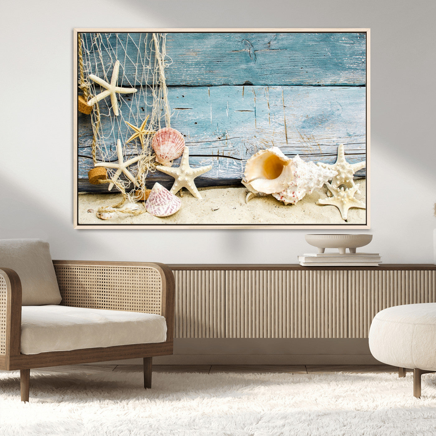 MGV-FC-36X24 - Seashells on Rustic Wooden Background, Seashells Wall Art Canvas Print