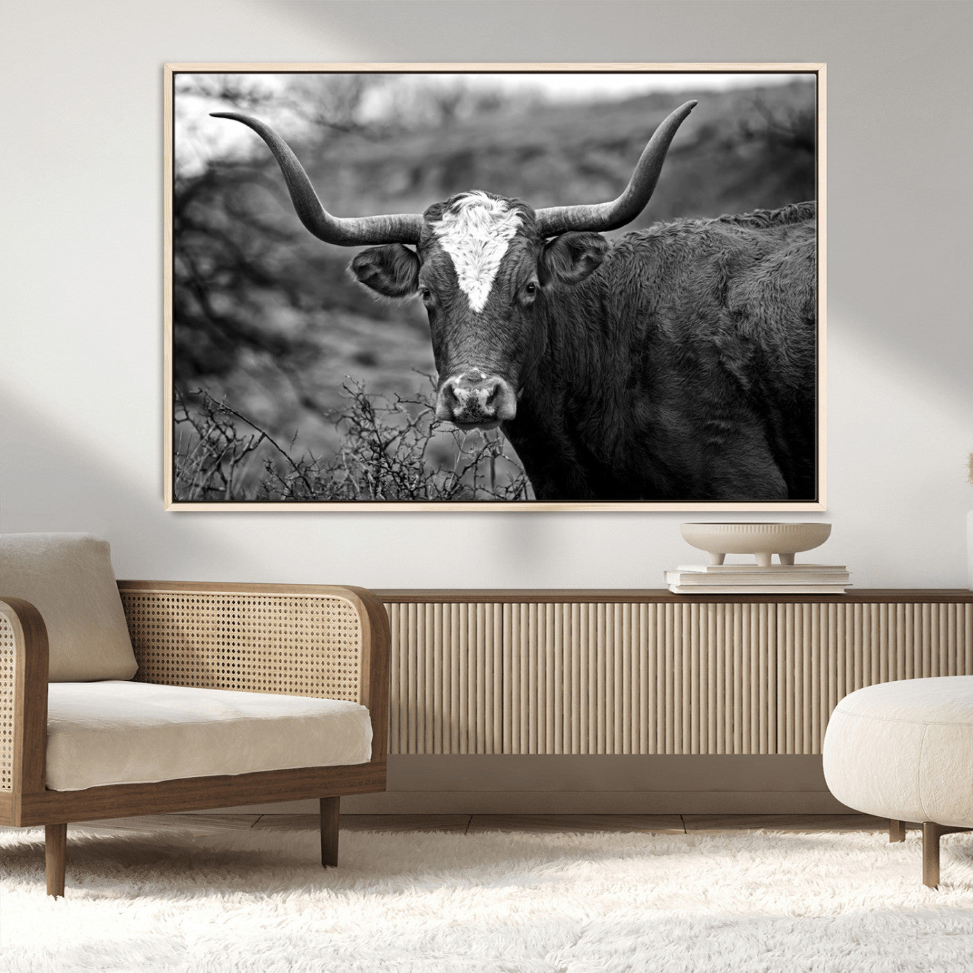 MGV-FC-36X24 - Western Home Wall Art Canvas Print, Framed Texas Longhorn Art Picture Print, Rustic Cow Perfect Rustic Farmhouse Decor Artwork