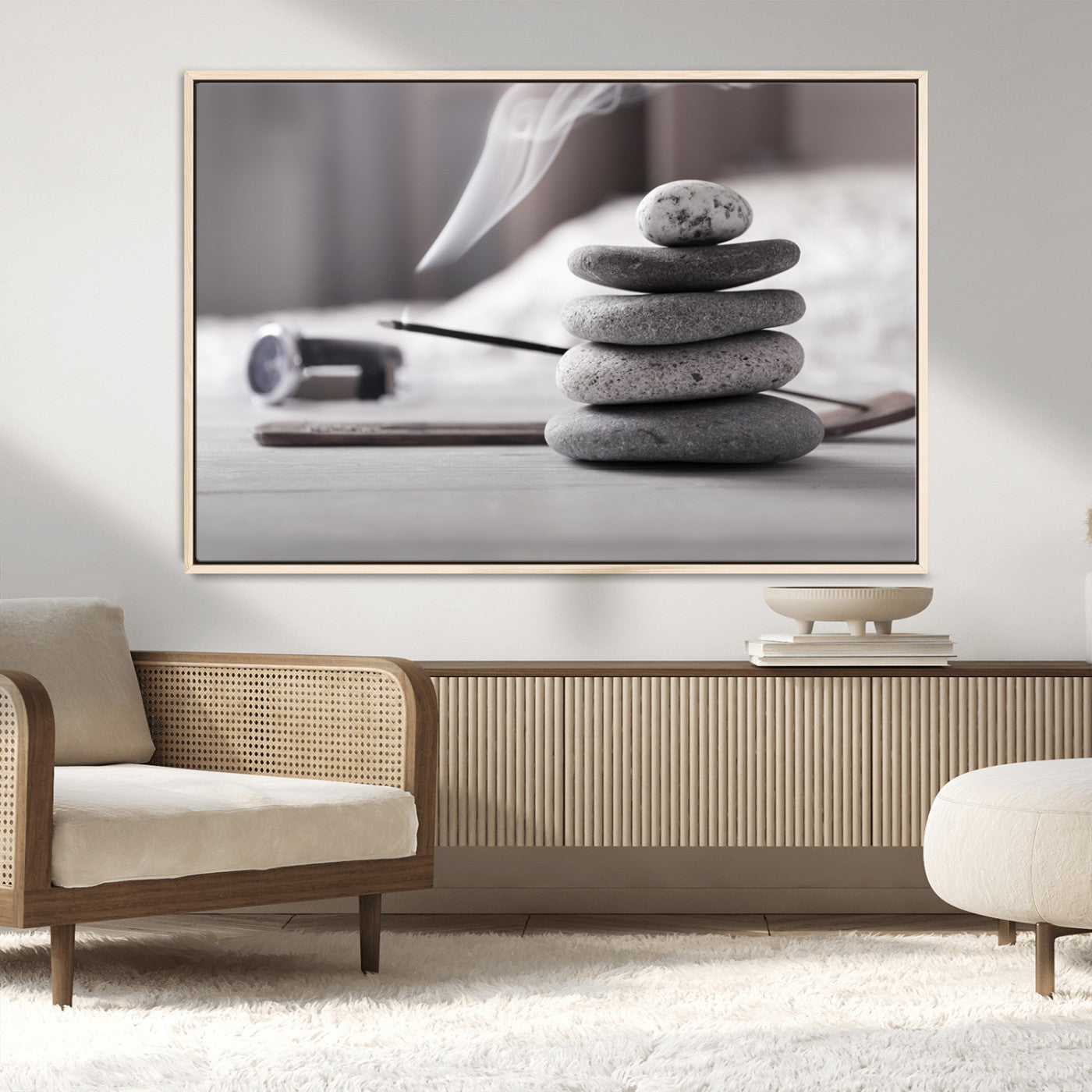 MGV-FC-36X24 - Burning Incense and Zen Stones Buddhism Wall Art, Zen Stones Wall Art Canvas Print