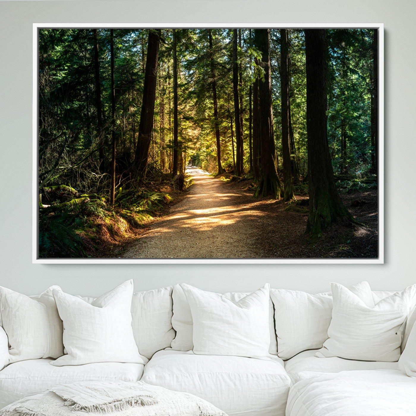 51762-MGV-FC-36X24_White-Sunlit Forest Pathway Canvas Print | 3 Panel Large Nature Wall Art for Living Room, Office, or Modern Space | Tranquil Scenic Forest, Ready