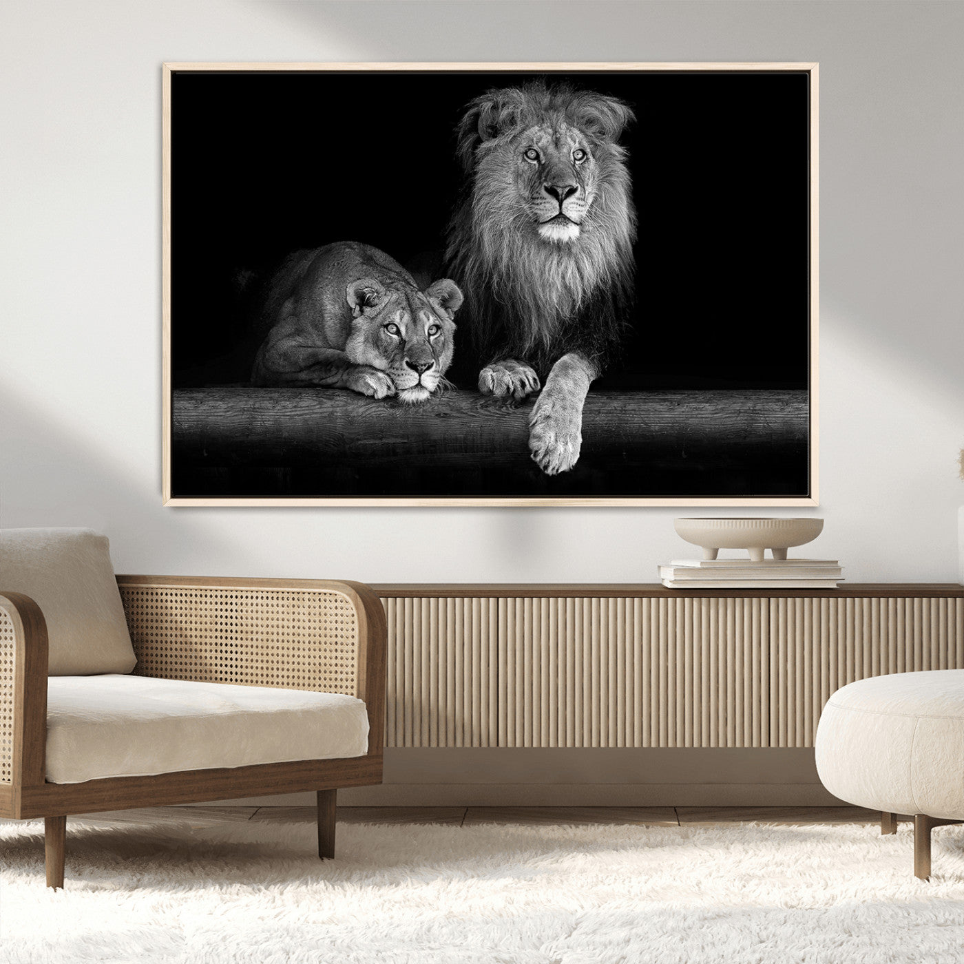 MGV-FC-36X24 - Large Black and White Lion Couple Wall Art Canvas Print