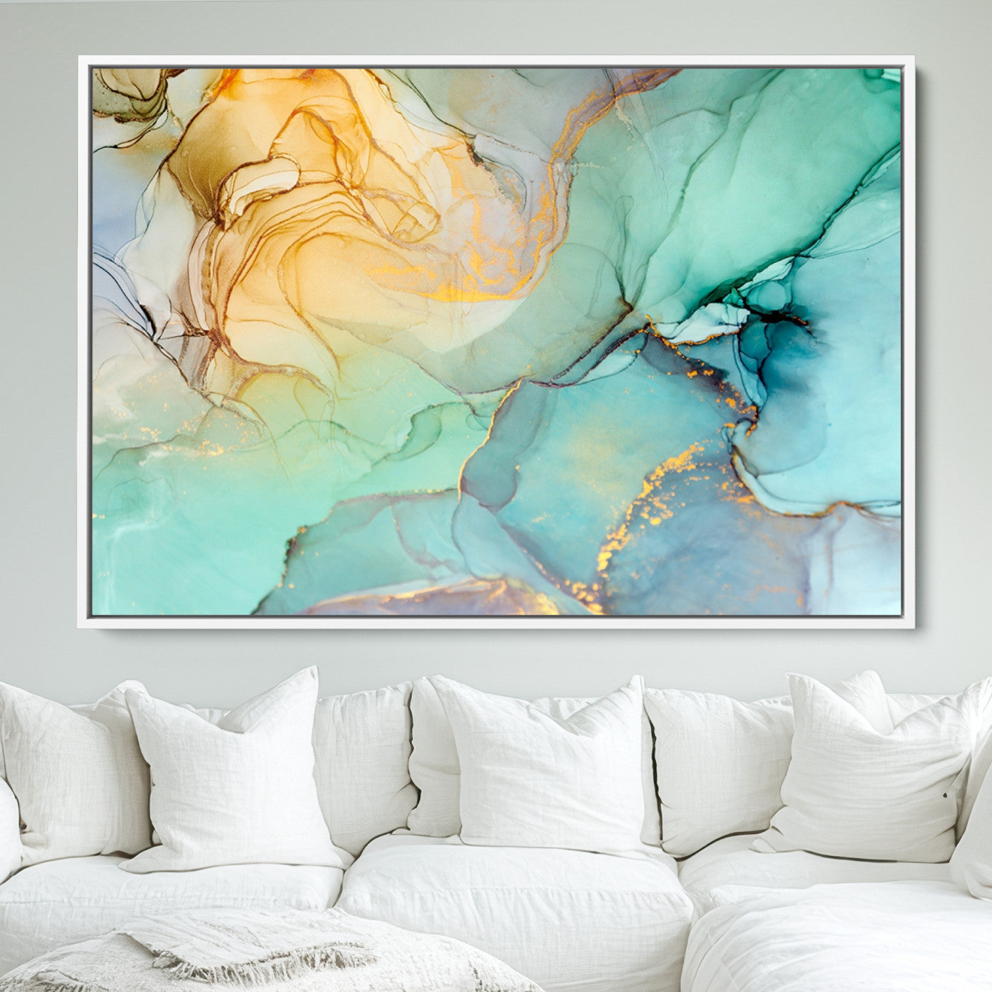 47242-MGV-FC-36X24_White-Green Marble Fluid Effect Wall Art Abstract Canvas Wall Art Print
