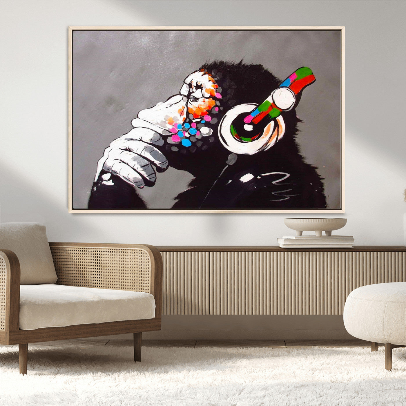 MGV-FC-36X24 - Dj Monkey Listening to Music Wall Art Print | Banksy Monkey Large Canvas Print for Living Room,