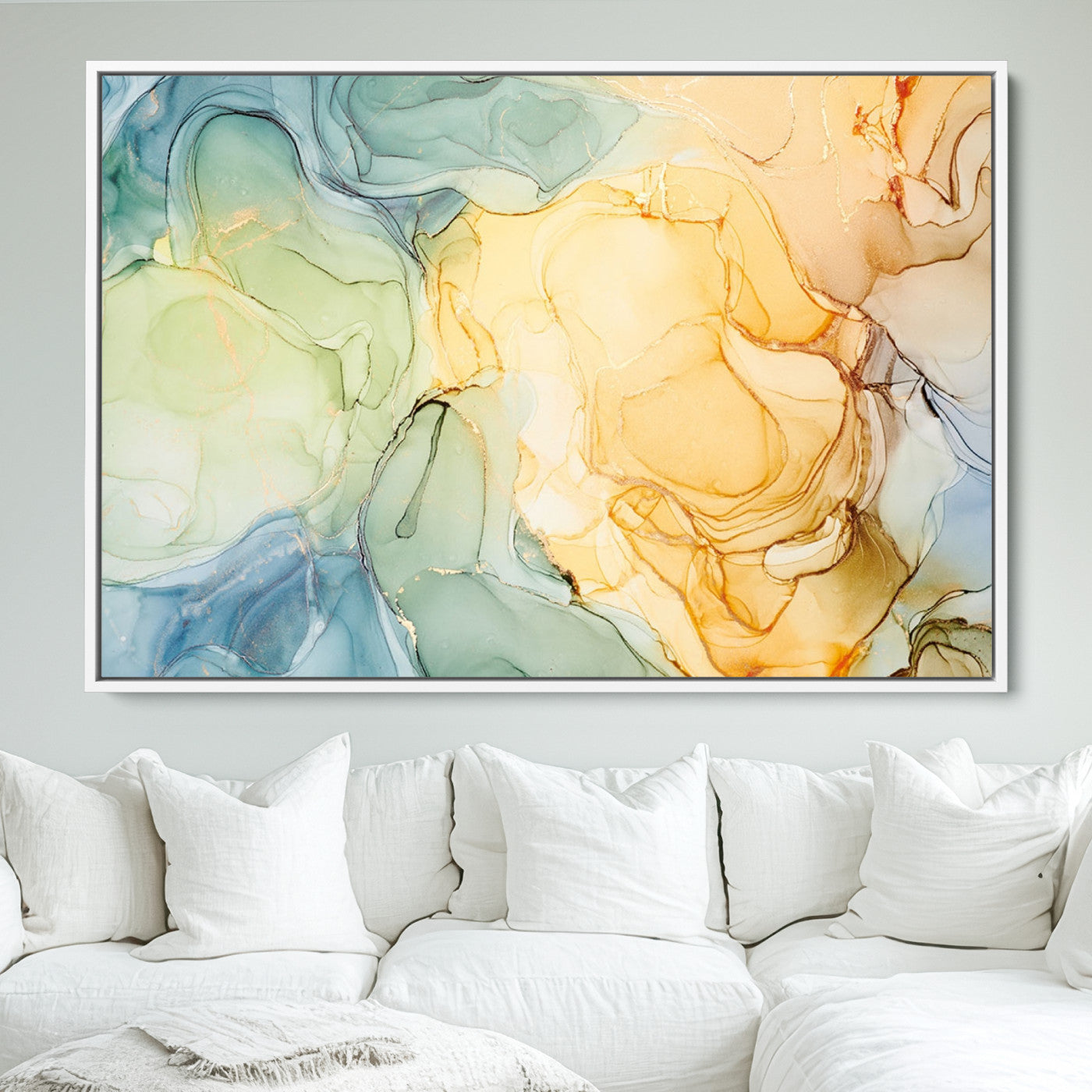 42195-MGV-FC-36X24_White-Green and Yellow Marble Fluid Effect Wall Art, Green and Yellow Marble Canvas Wall Art Print