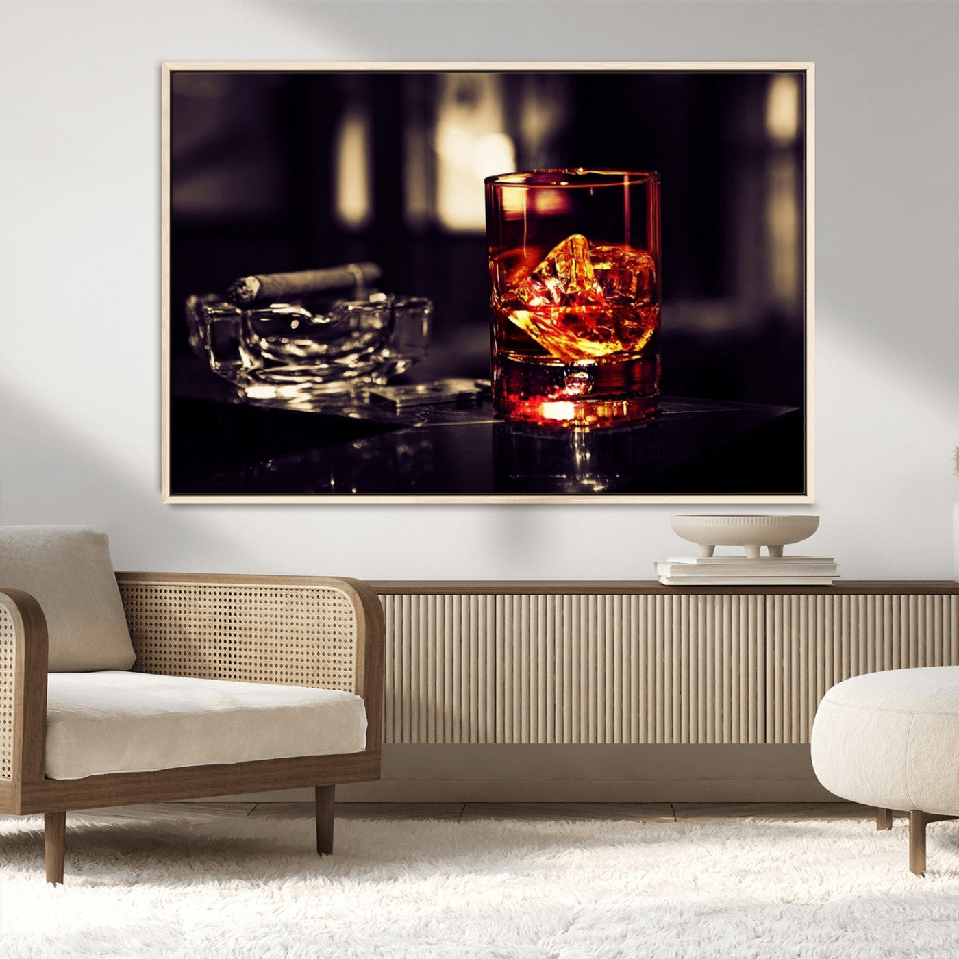 MGV-FC-36X24 - Whiskey and Cigar Canvas – Luxurious Wall Art for Home or Bar – Glass and Cigar Scene Print Canvas