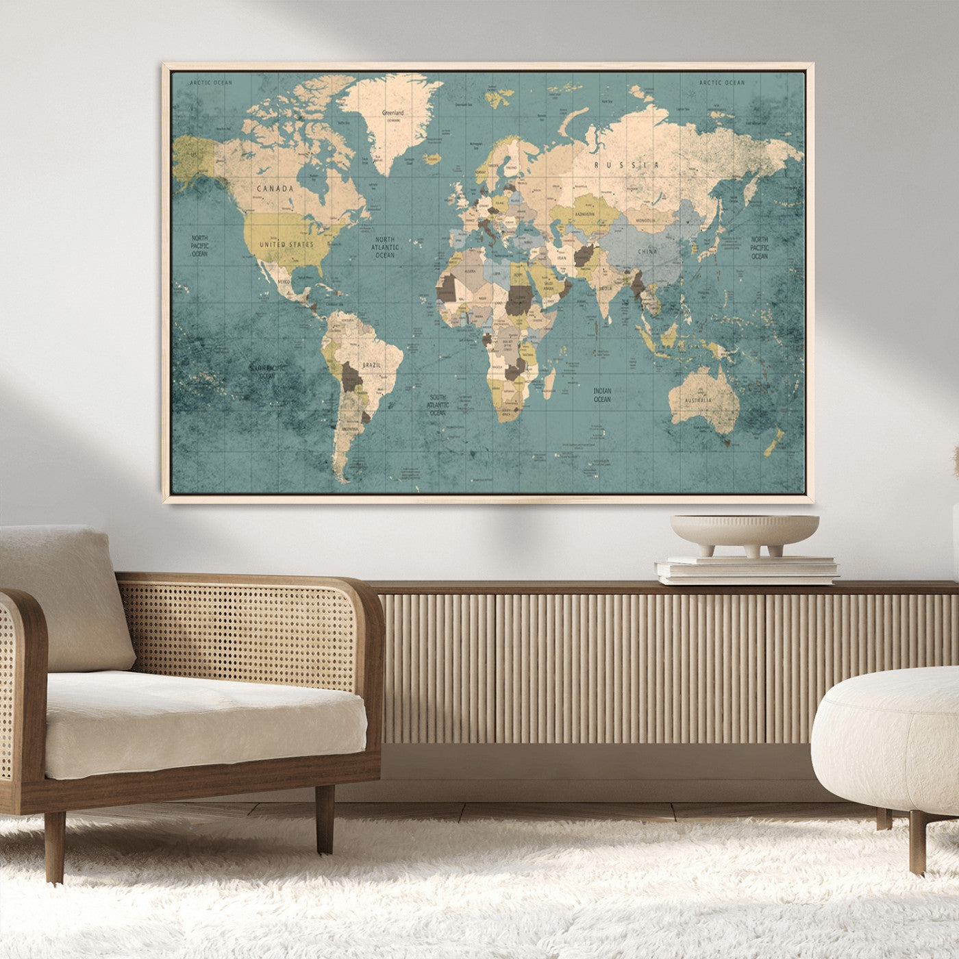 MGV-FC-36X24 - Classic World Map Wall Art Canvas Print, Framed Retro Map Art Picture Print, Vintage Atlas Perfect Rustic Explorer Decor Artwork