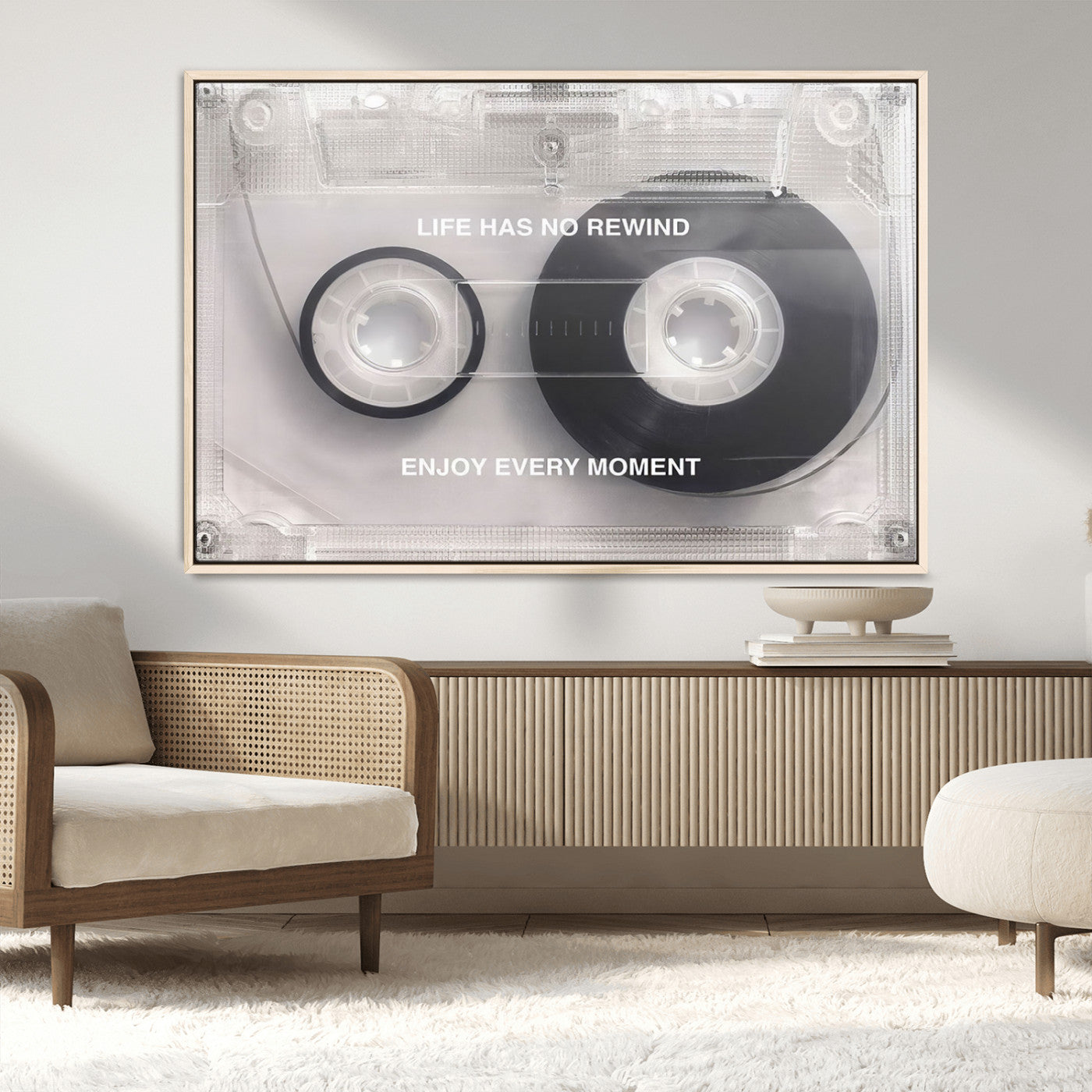 MGV-FC-36X24 - Vintage Cassette Tape Canvas Wall Art - Inspirational 'Life Has No Rewind' Quote, Retro Music Decor