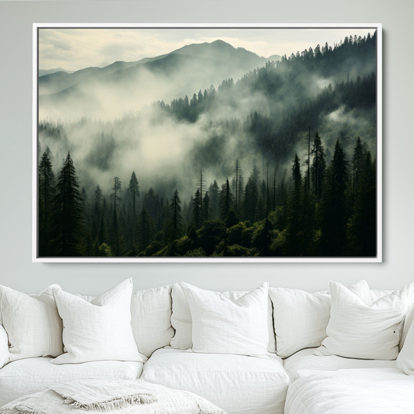 25295-MGV-FC-36X24_White-Captivating Misty Forest Wall Art Premium Canvas Print a Foggy and Serene Atmosphere