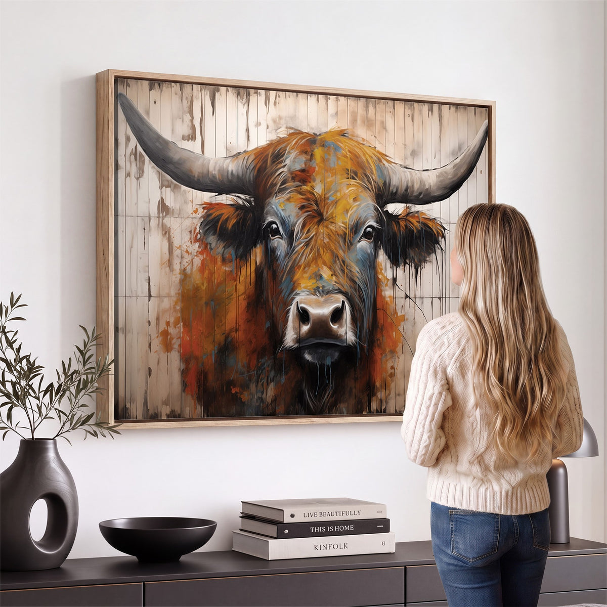 47284-MGV-CV-24X16 - Abstract Bull Highland Cow Canvas Wall Art Print