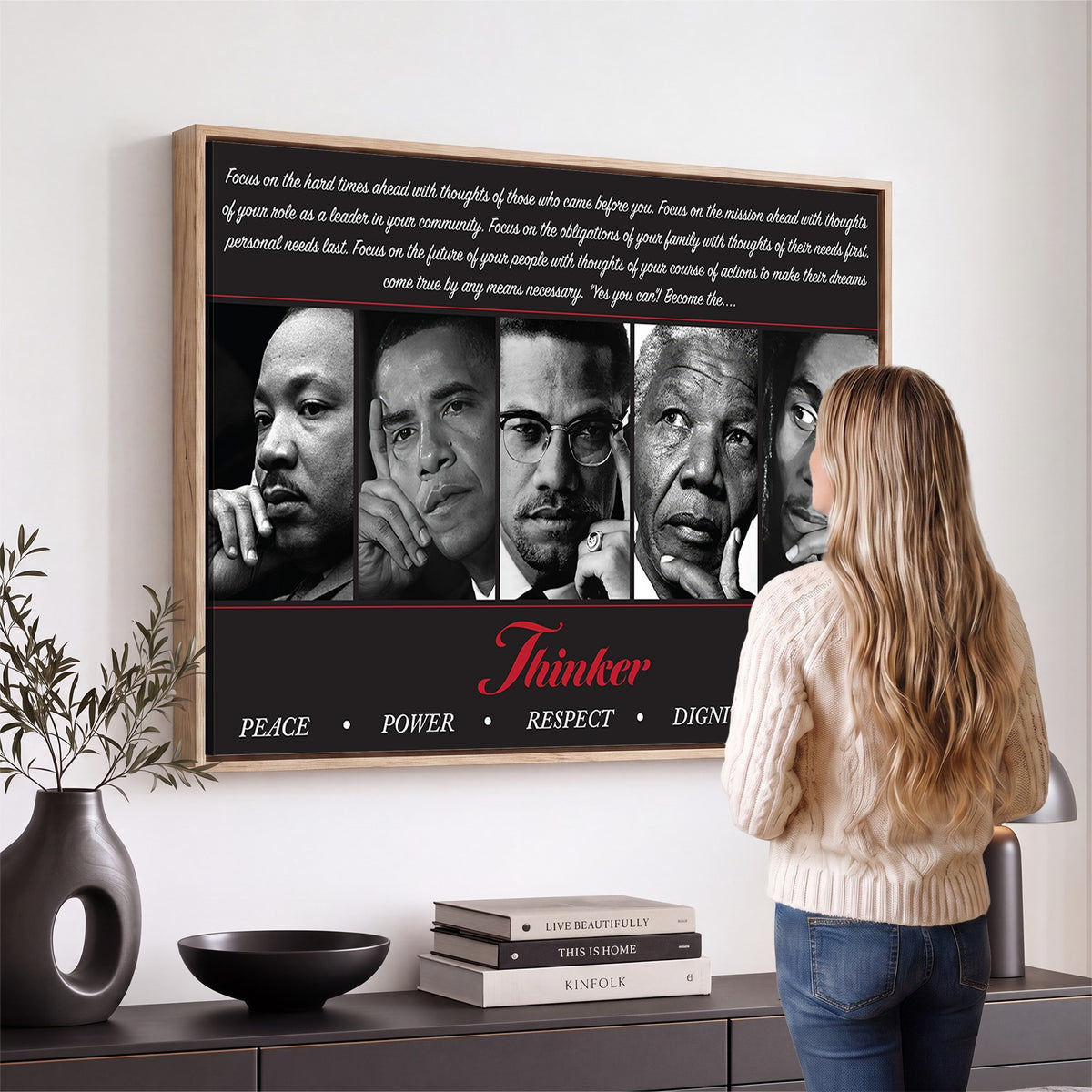 45112-MGV-CV-24X16 - Thinker Quintet Canvas Wall Art | Martin, Obama, Malcolm X, Mandela, Marley, Peace Power Respect Dignity Love