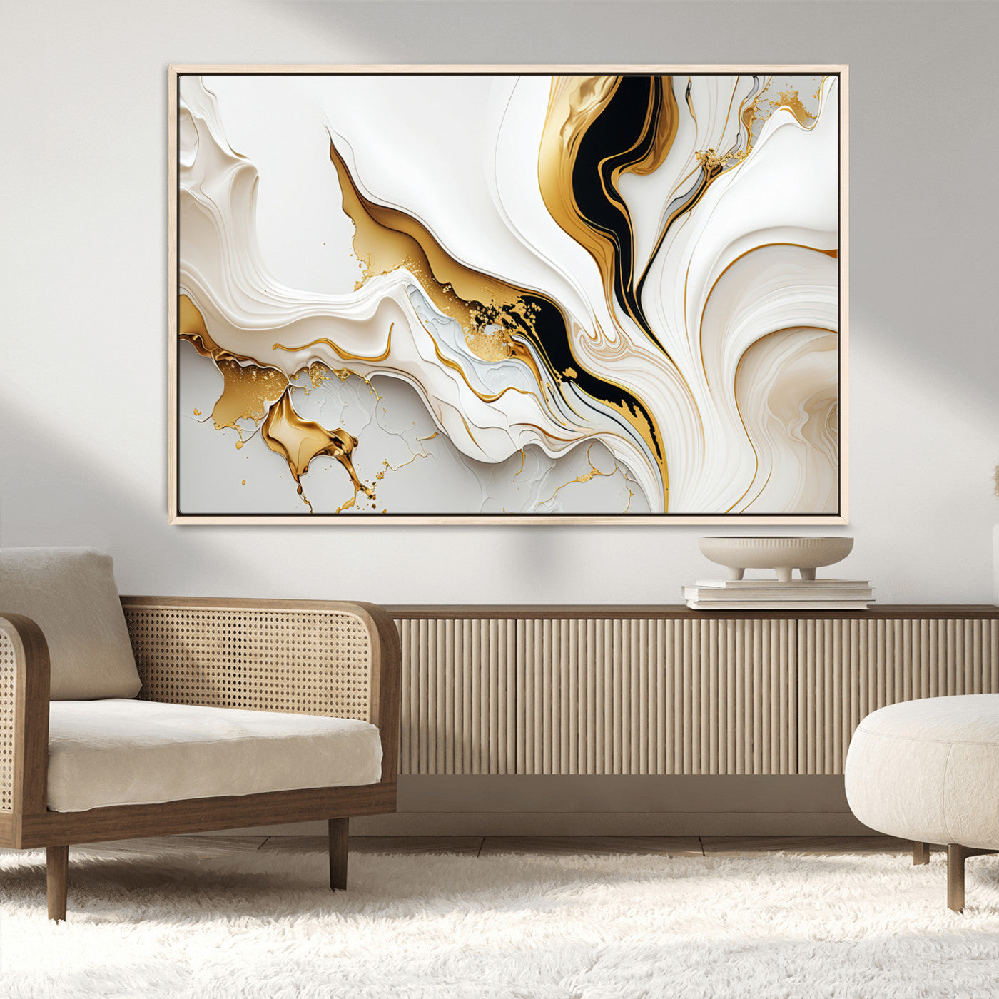 98637-MGV-FC-36X24_Natural-Gold Waves on Pure White Canvas – Gold Abstract Art for Modern Interiors | Wall Art Canvas, Framed &