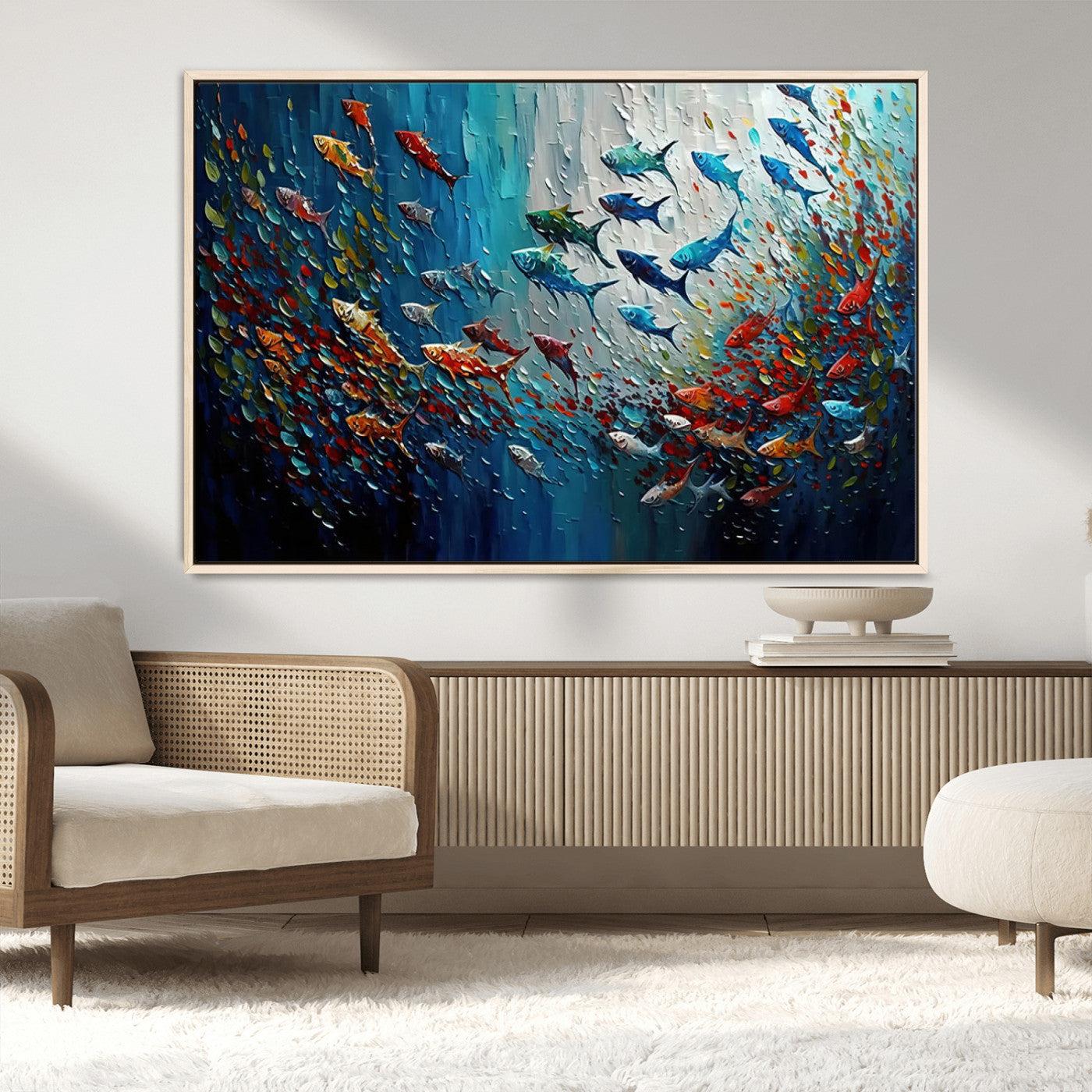 MGV-FC-36X24 - Modern Abstract Fish Shoal Wall Art Canvas Print, Colorful Fish Herd Painting on Canvas Print, Ocean