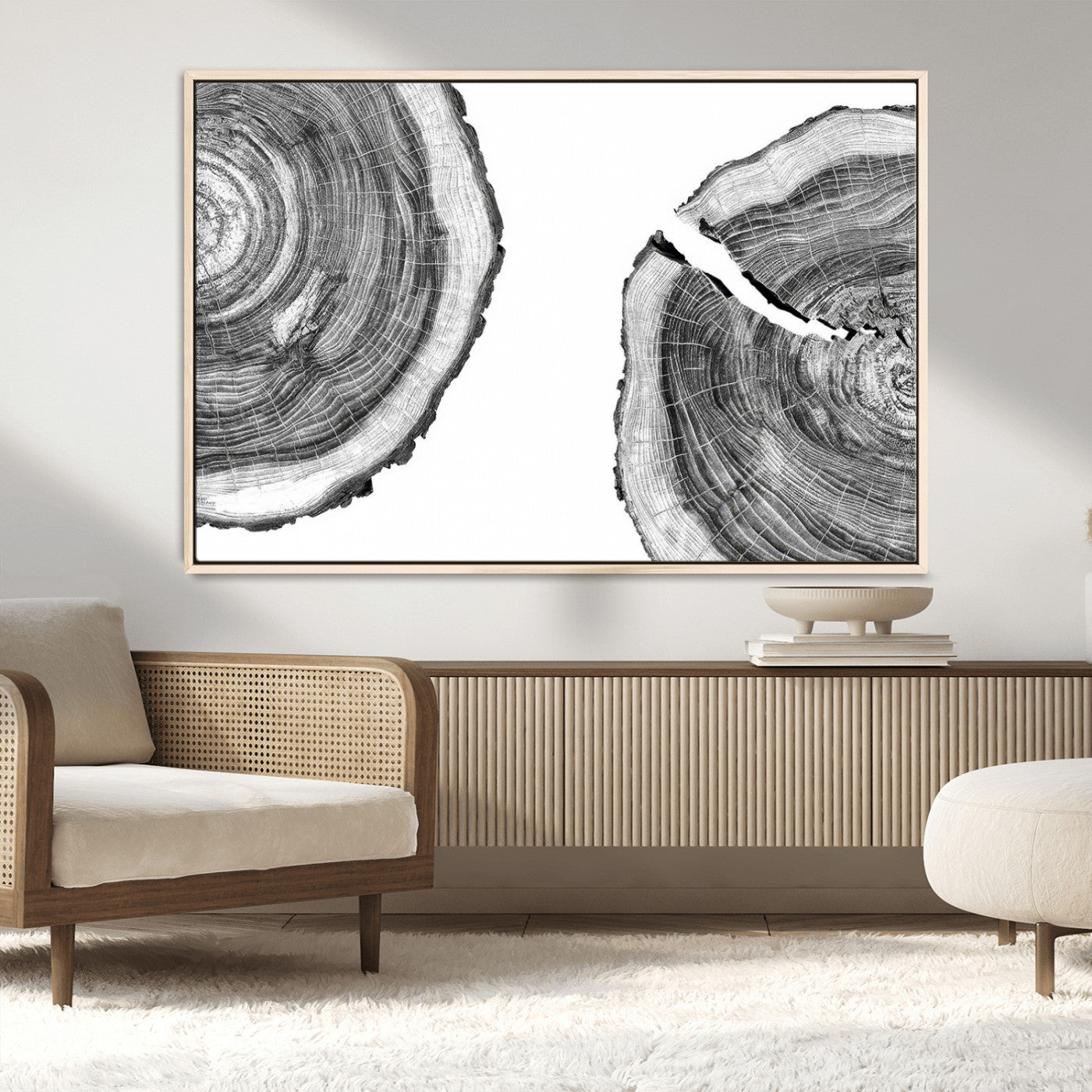 MGV-FC-36X24 - Abstract Large Tree Rings – Minimalist Black and White Wood Art | Triptych Canvas, Modern Wall Decor
