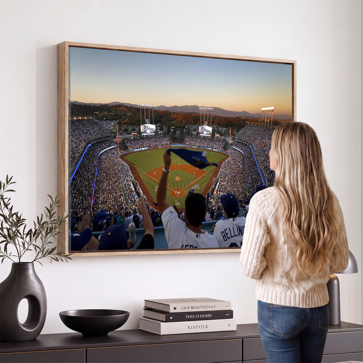 60162-MGV-CV-36X24 - Dodger Stadium Sunset Game Triple Canvas Wall Art, Los Angeles Dodgers MLB Match