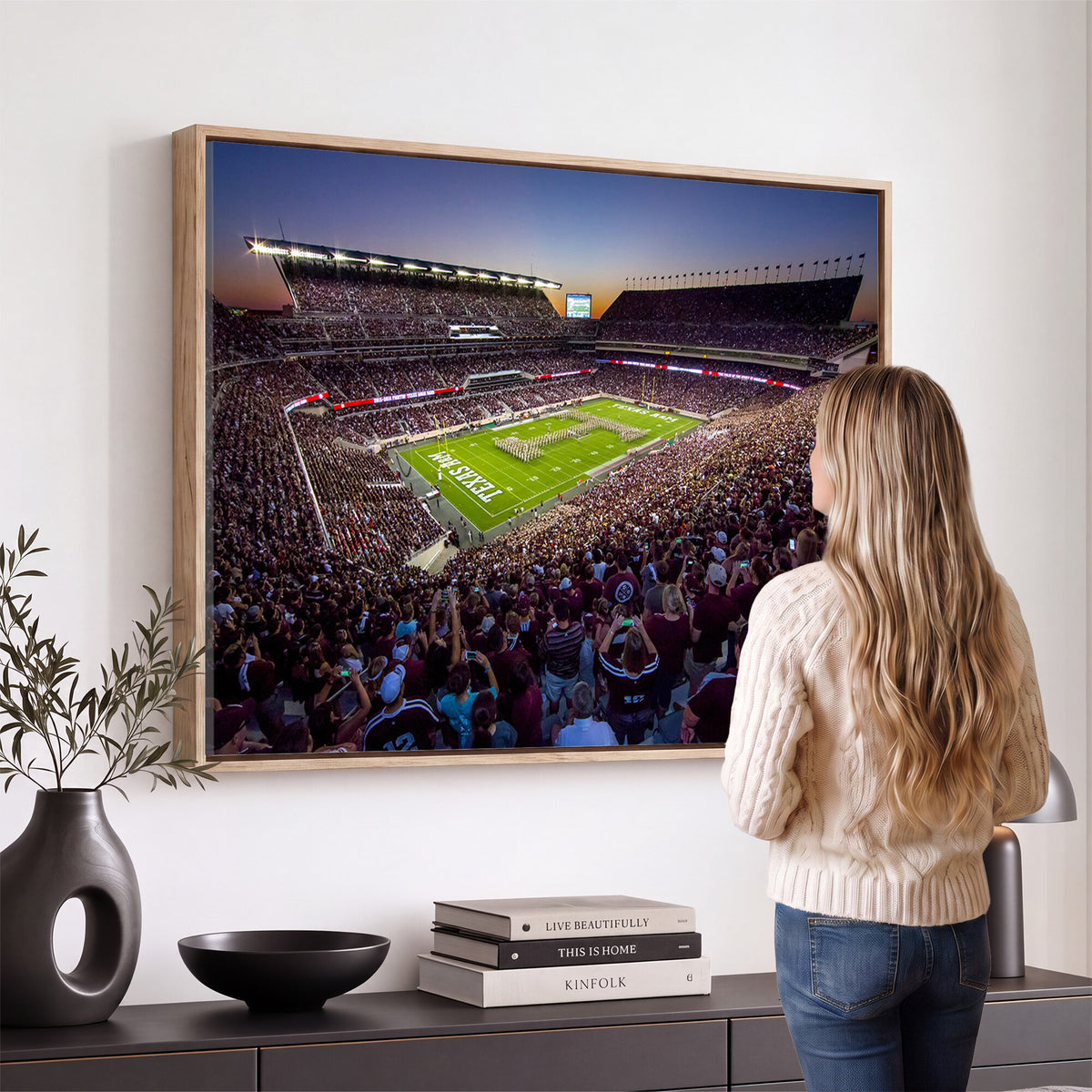 25148-MGV-CV-36X24 - Texas A&M University Aggies Football Team Print, College Station Kyle Field, Framed and Ready to Hang