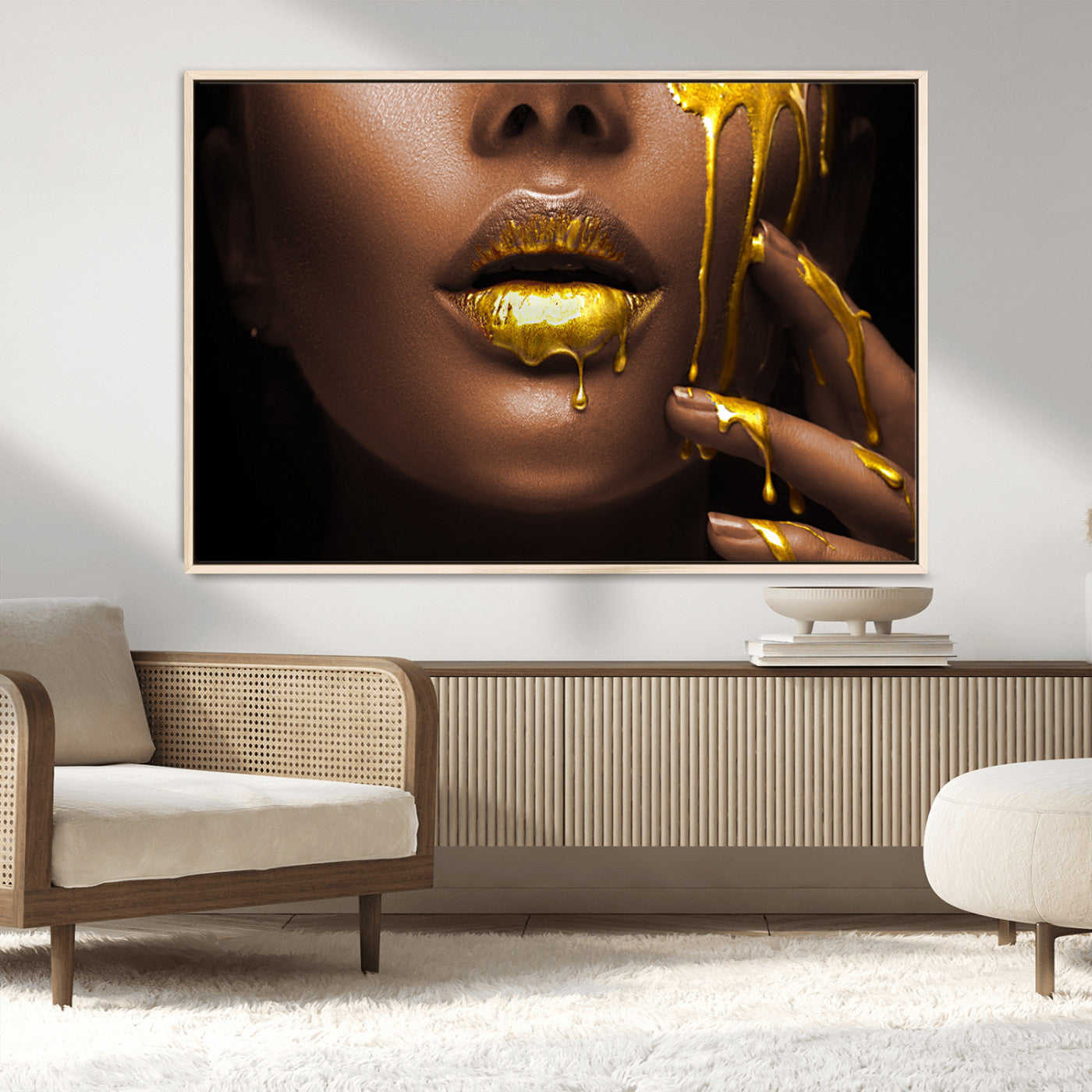 MGV-FC-36X24 - African American Art Black Woman Canvas Print, African Wall Art, Fashion African Woman Gold Lips