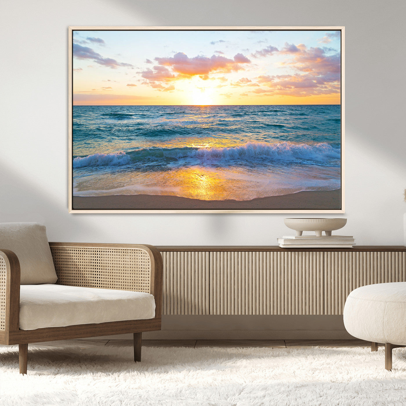 MGV-FC-36X24 - Golden Sunset Over Ocean Waves - Serene Coastal Triptych Wall Art for Relaxing Home Decor, Ready to