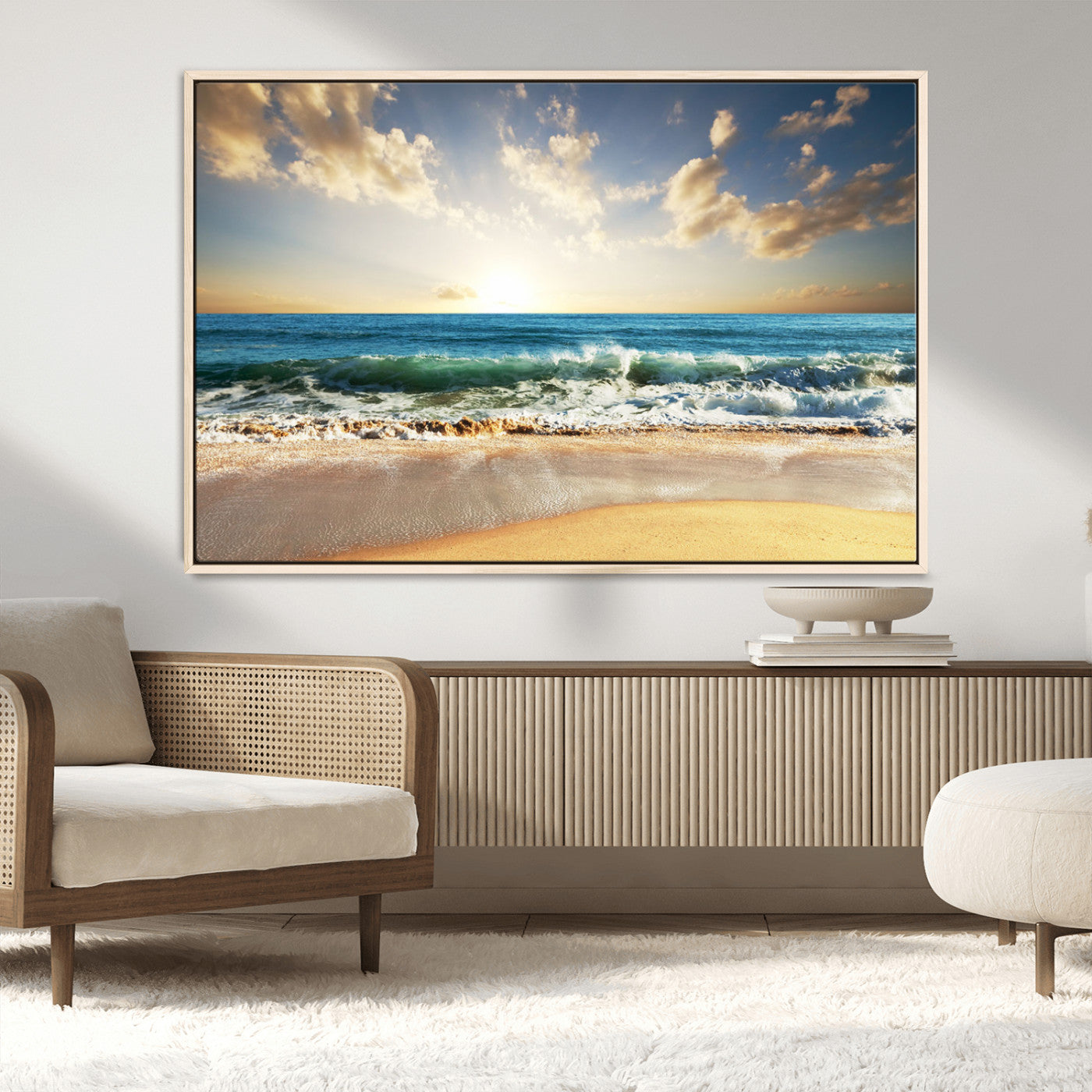 MGV-FC-36X24 - Golden Sunset Beach Triptych Canvas Wall Art for Living Room – 3-Panel Ocean View, Framed & Ready to