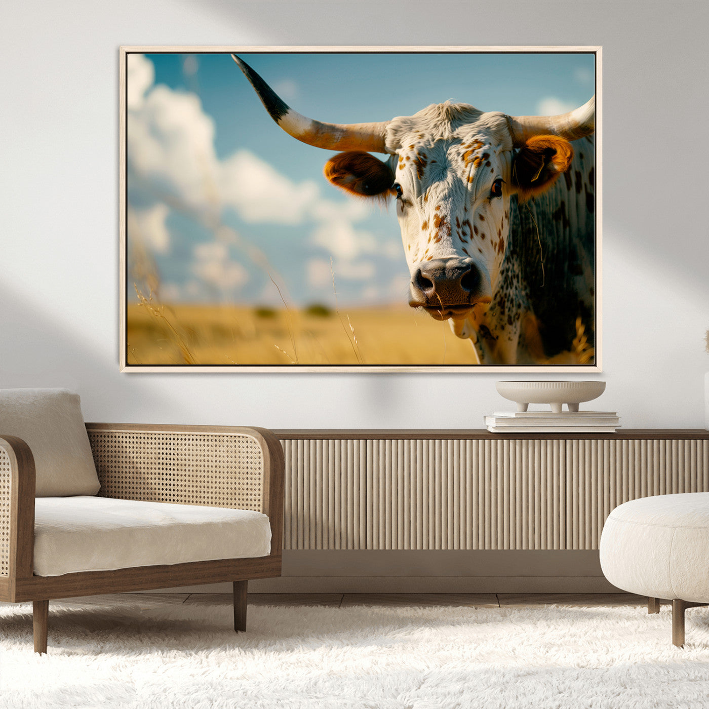 MGV-FC-36X24 - Longhorn in the Prairie - Stunning Ranch-Style Triptych Wall Art for Western Home Decor, Cowboy Wall