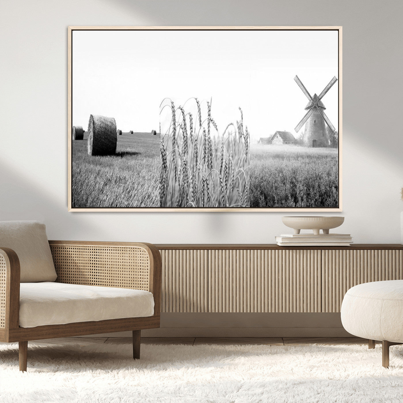 MGV-FC-36X24 - Vintage Farmhouse Black and White Triptych Wall Art – Giclee Canvas Featuring Wheat Fields, Hay