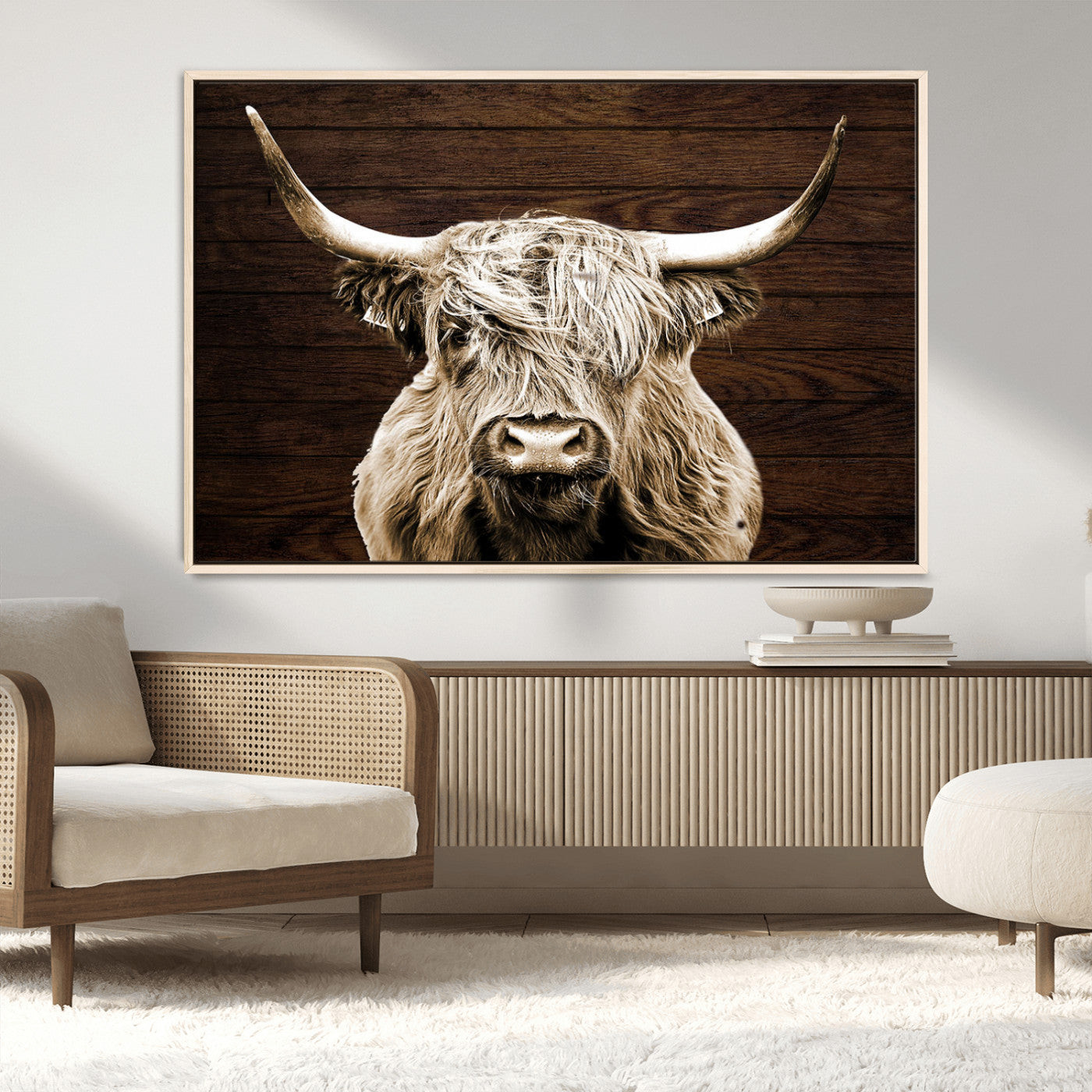 MGV-FC-36X24 - Highland Cow Wall Art Canvas Print, Rustic Farmhouse Decor, Majestic Scottish Highland Bull Portrait