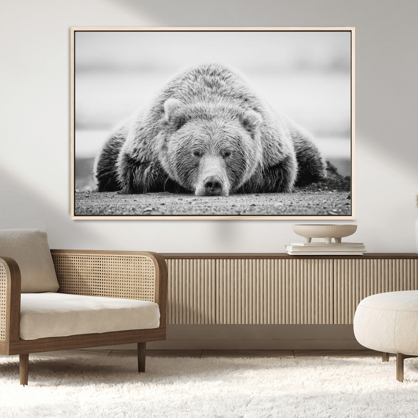 MGV-FC-36X24 - Resting Grizzly Bear Wall Art Canvas Print – Majestic Lazy Black and White Wildlife Bear Art,