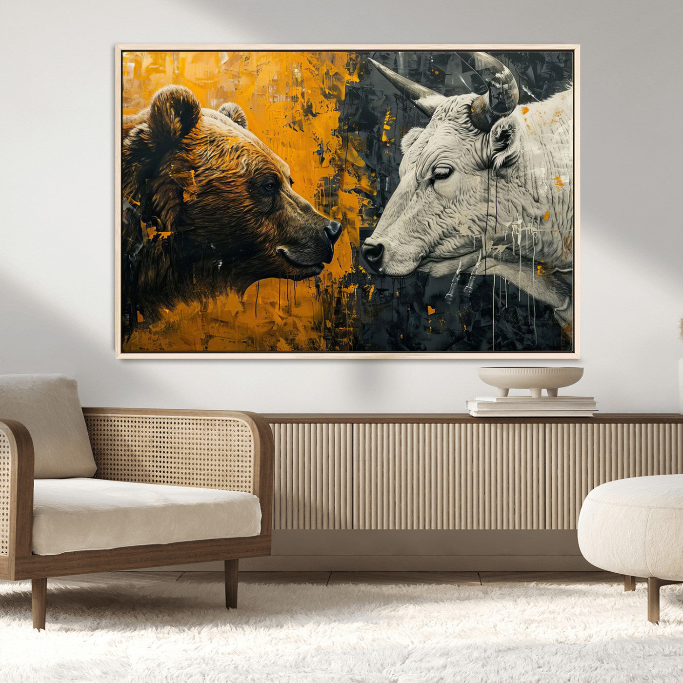 MGV-FC-36X24 - Bear and Bull Wall Art Canvas Print – Abstract Animal Portrait Painting for Modern Home Decor –
