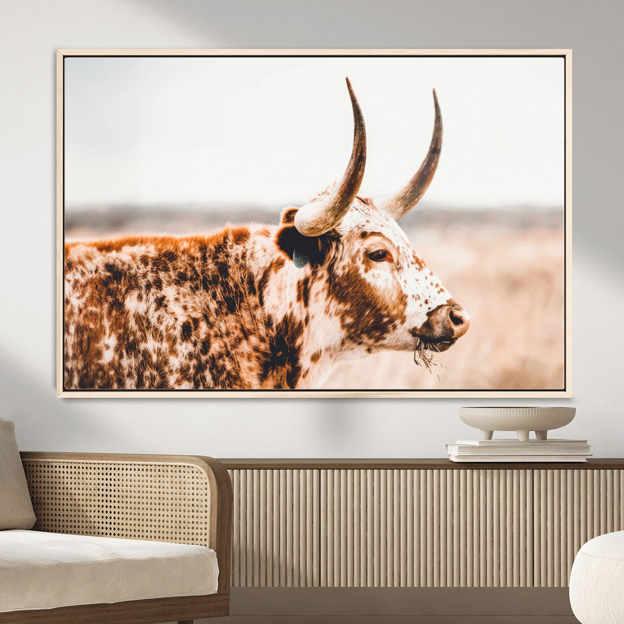 MGV-FC-36X24 - Speckled Bull Wall Art Canvas Print – Rustic Cow Longhorn Farmhouse Animal Decor – Western Longhorn