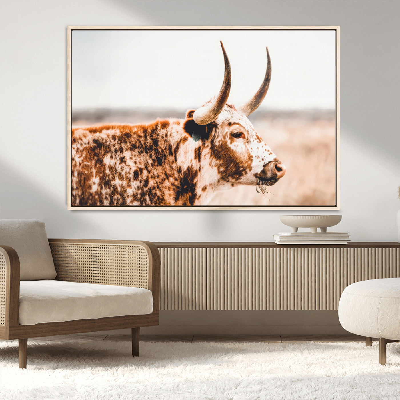 50356-MGV-FC-36X24_Natural-Speckled Bull Wall Art Canvas Print – Rustic Cow Longhorn Farmhouse Animal Decor – Western Longhorn