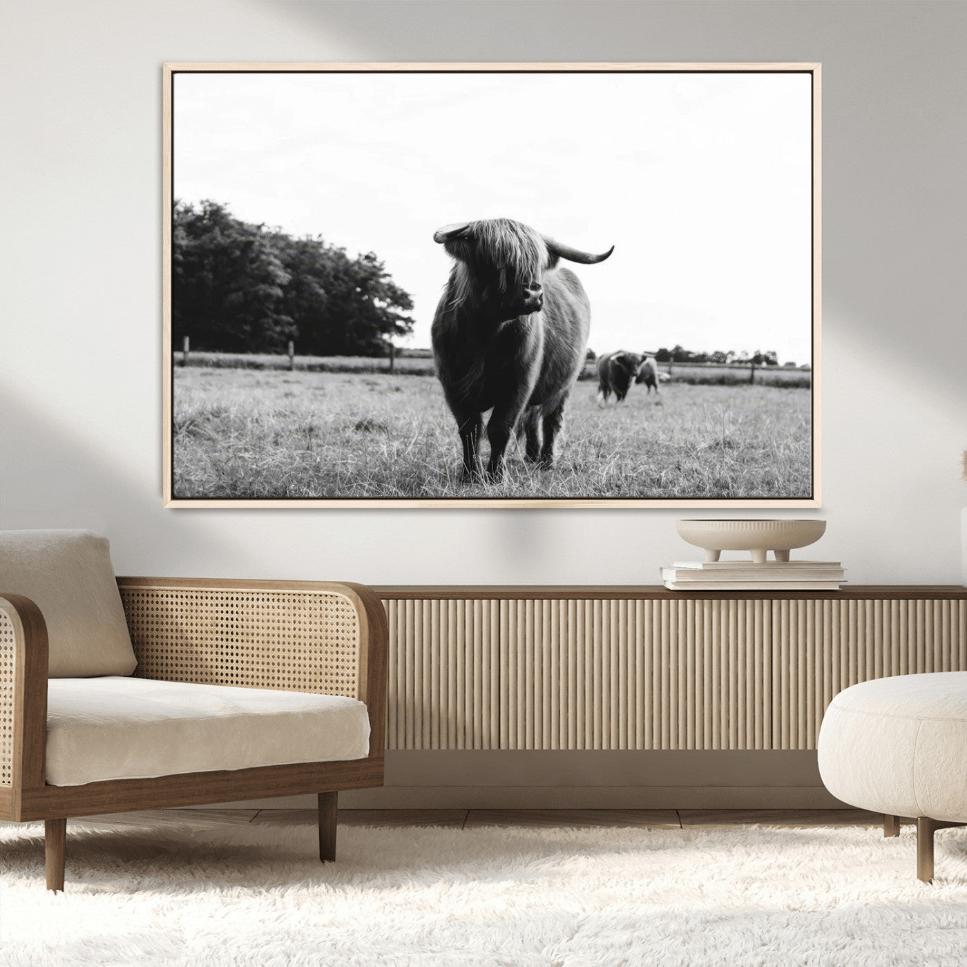 MGV-FC-36X24 - Black and White Highland Cow Wall Art Canvas Print | Rustic Western Decor for Living Room or Office,