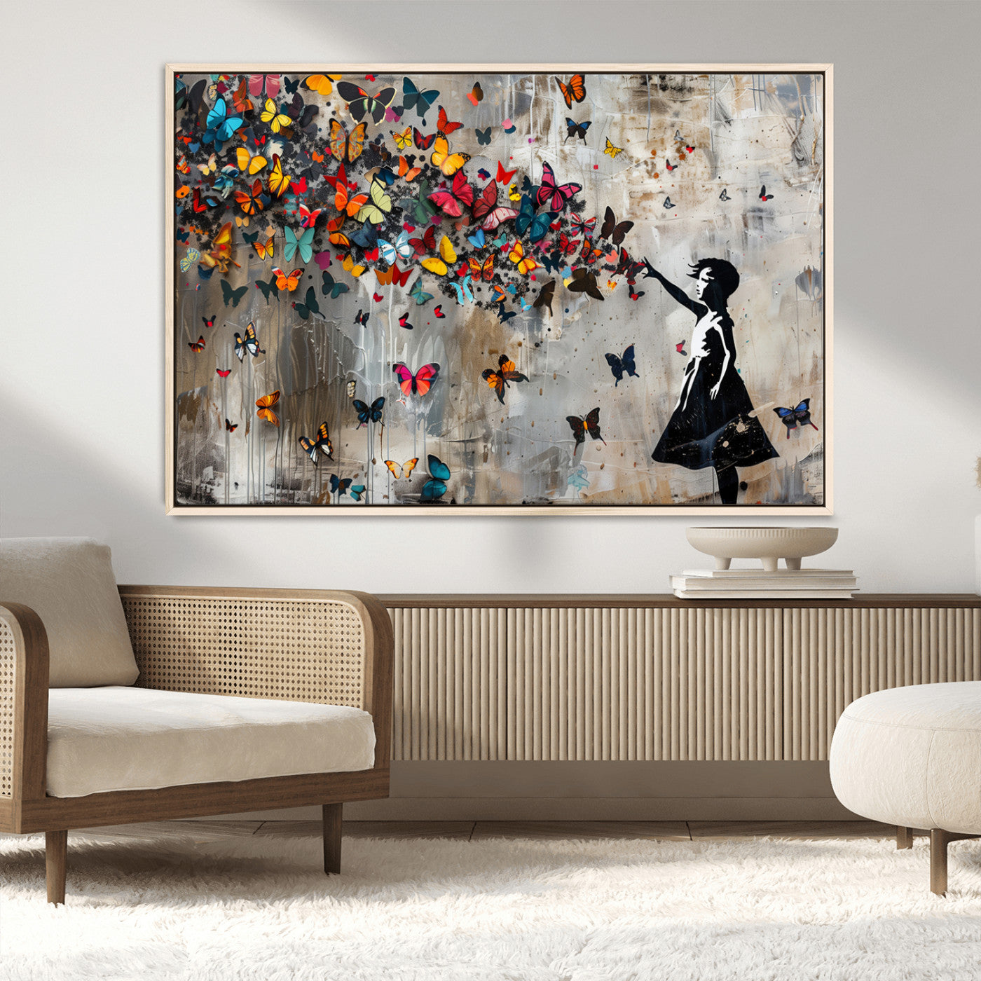 MGV-FC-36X24 - Banksy Wall Art - Banksy Girl and Butterfly Explosion Wall Art Canvas Print | Girl with Butterflies