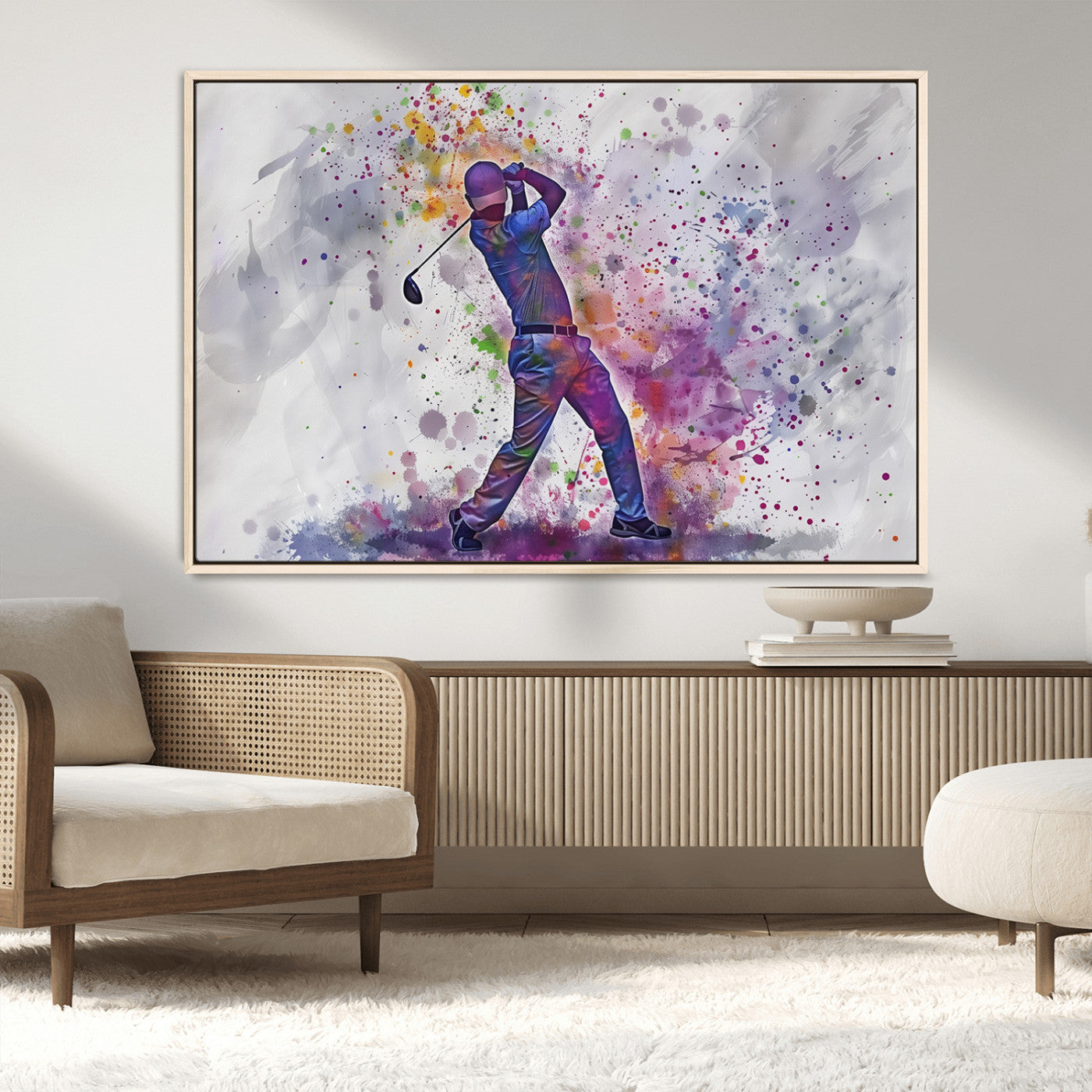 MGV-FC-36X24 - Watercolor Golf Swing Wall Art Canvas Print | Vibrant Abstract Golf Player Silhouette |