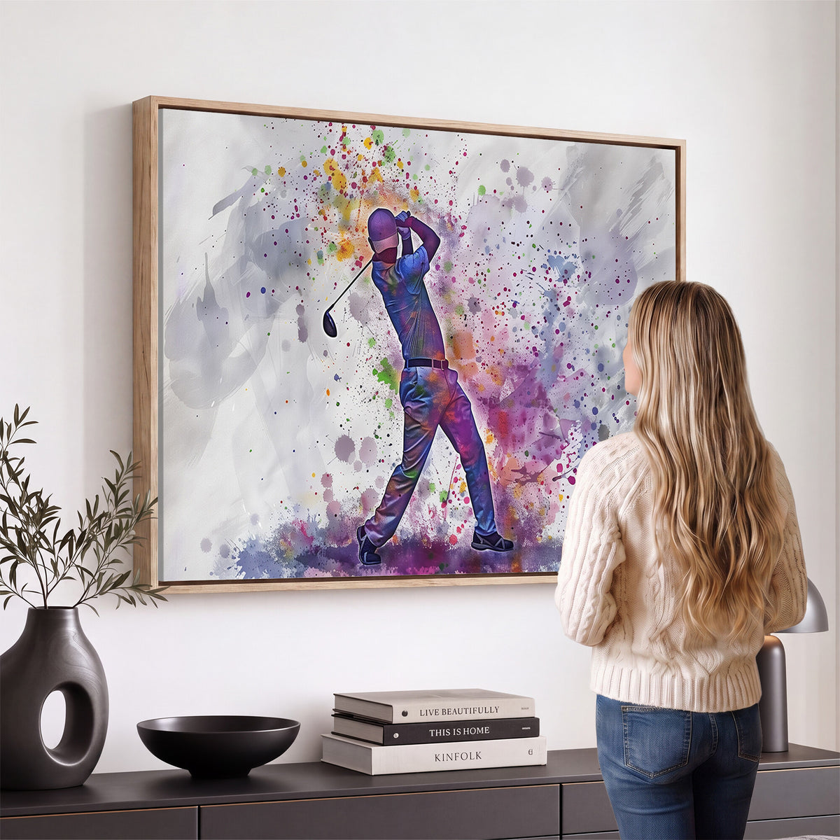 60116-MGV-CV-36X24 - Watercolor Golf Swing Wall Art Canvas Print, Vibrant, Framed and Ready to Hang