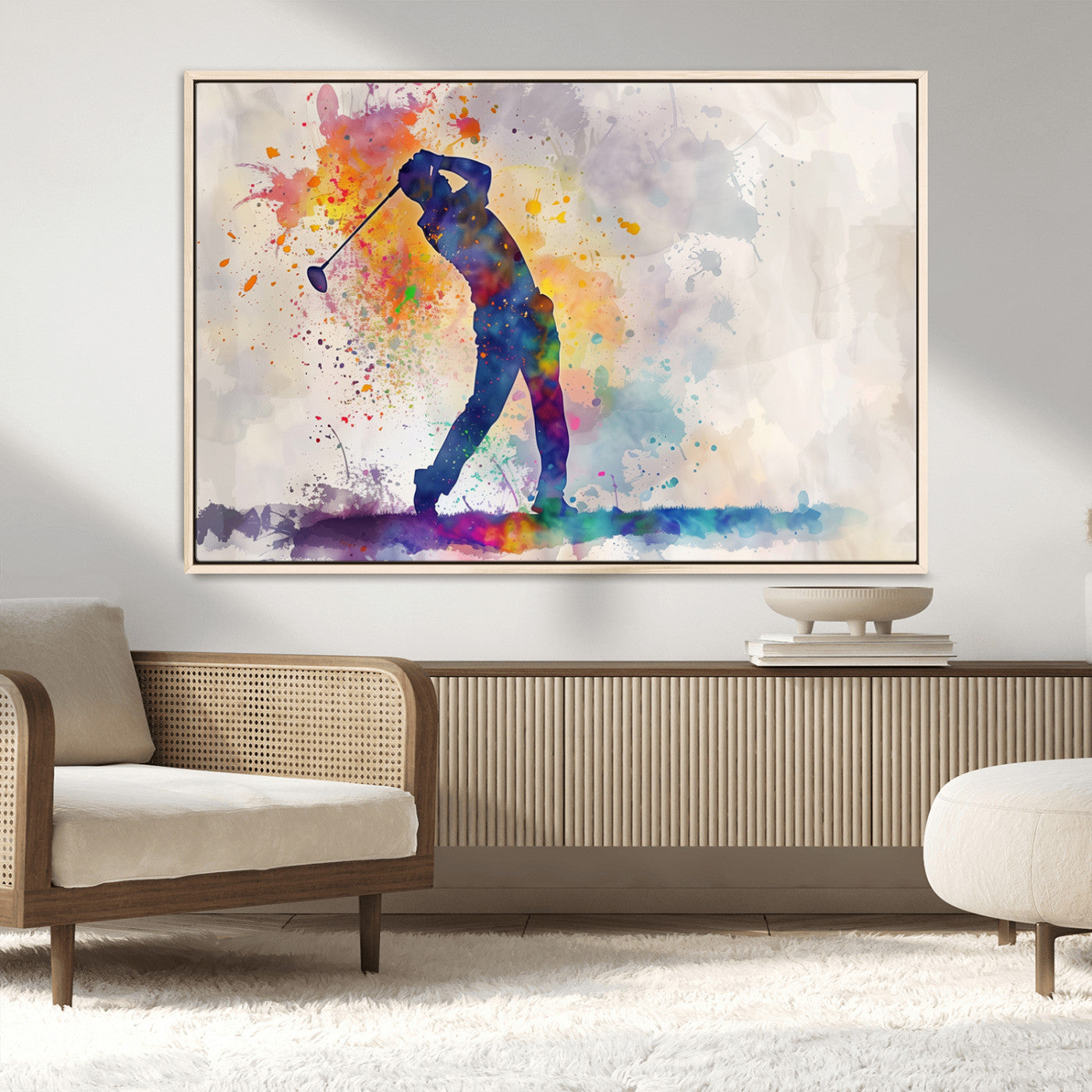 MGV-FC-36X24 - Watercolor Golf Swing Wall Art Canvas Print | Vibrant Abstract Golf Player Silhouette |