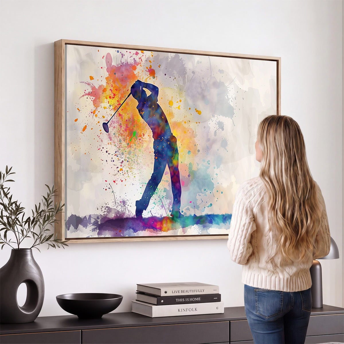 89625-MGV-CV-36X24 - Vibrant Watercolor Golf Swing Wall Art Canvas Print | Extra Large 3 Piece Canvas Wall Art