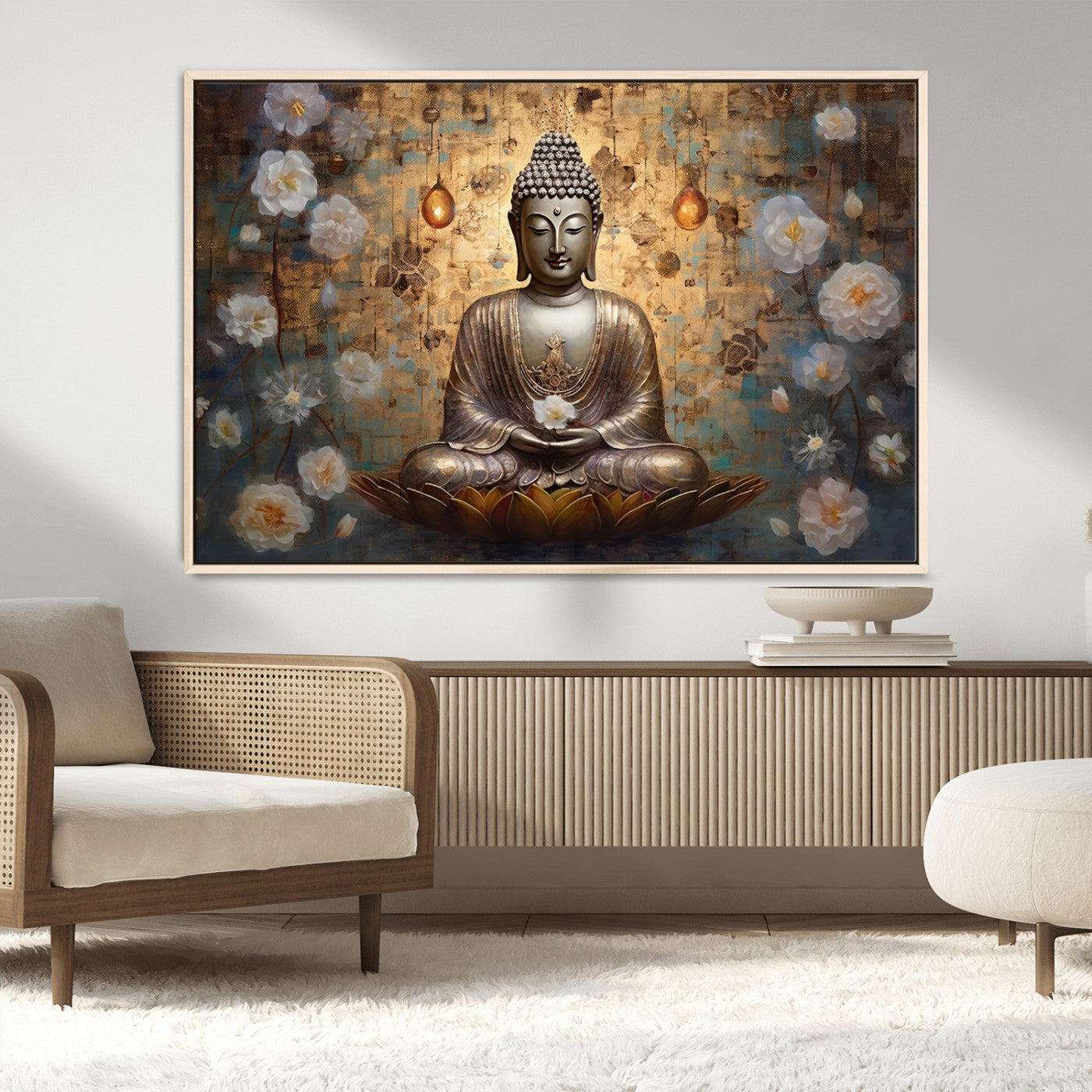 MGV-FC-36X24 - Golden Buddha Wall Art Canvas Print | Zen Meditation Floral Decor | Tranquil Spiritual Home Art |