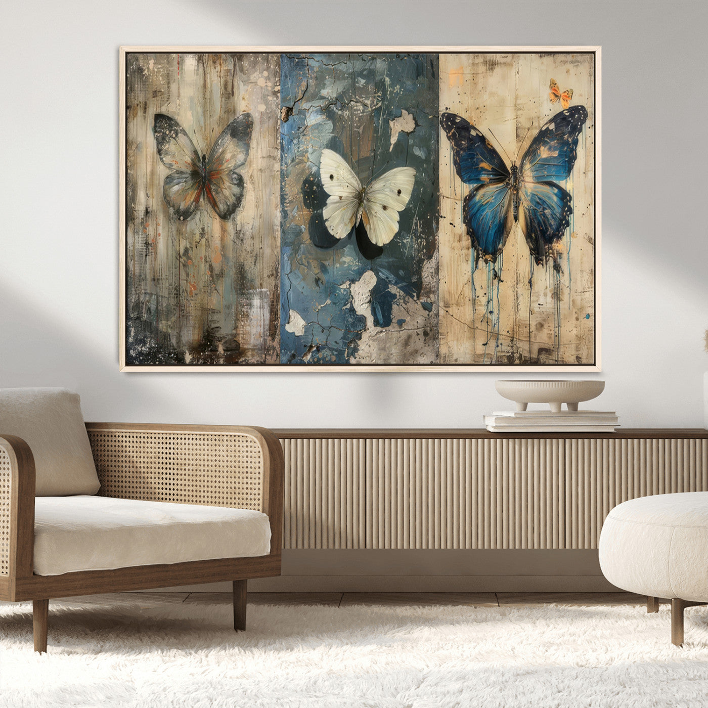 MGV-FC-36X24 - Butterfly Wall Art Trio | Vintage Butterfly Canvas Print | Ready to Hang Framed Artwork for