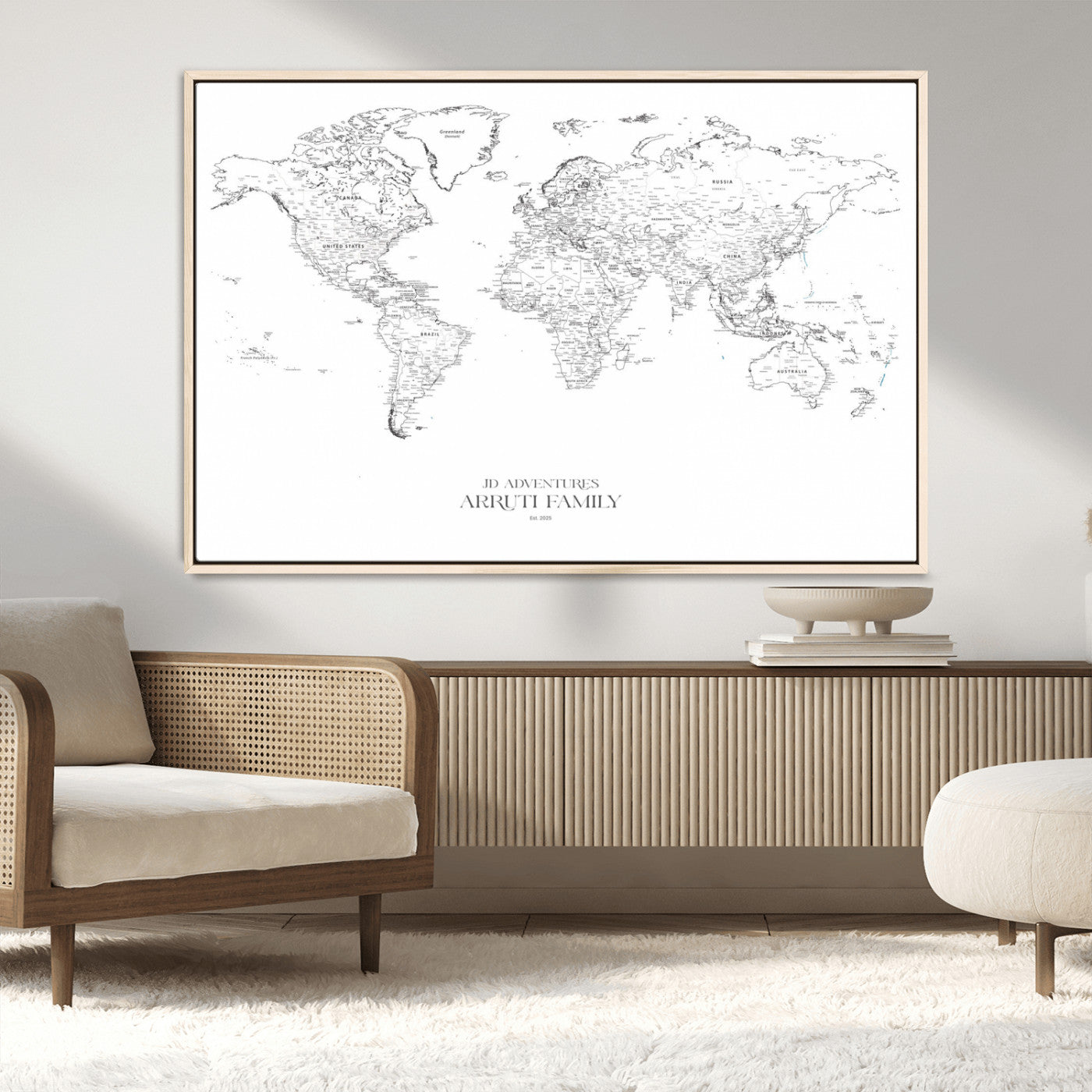 MGV-FC-36X24 - Custom World Map Wall Art – Personalized Framed Canvas Print with Push Pins for Travel Tracking,