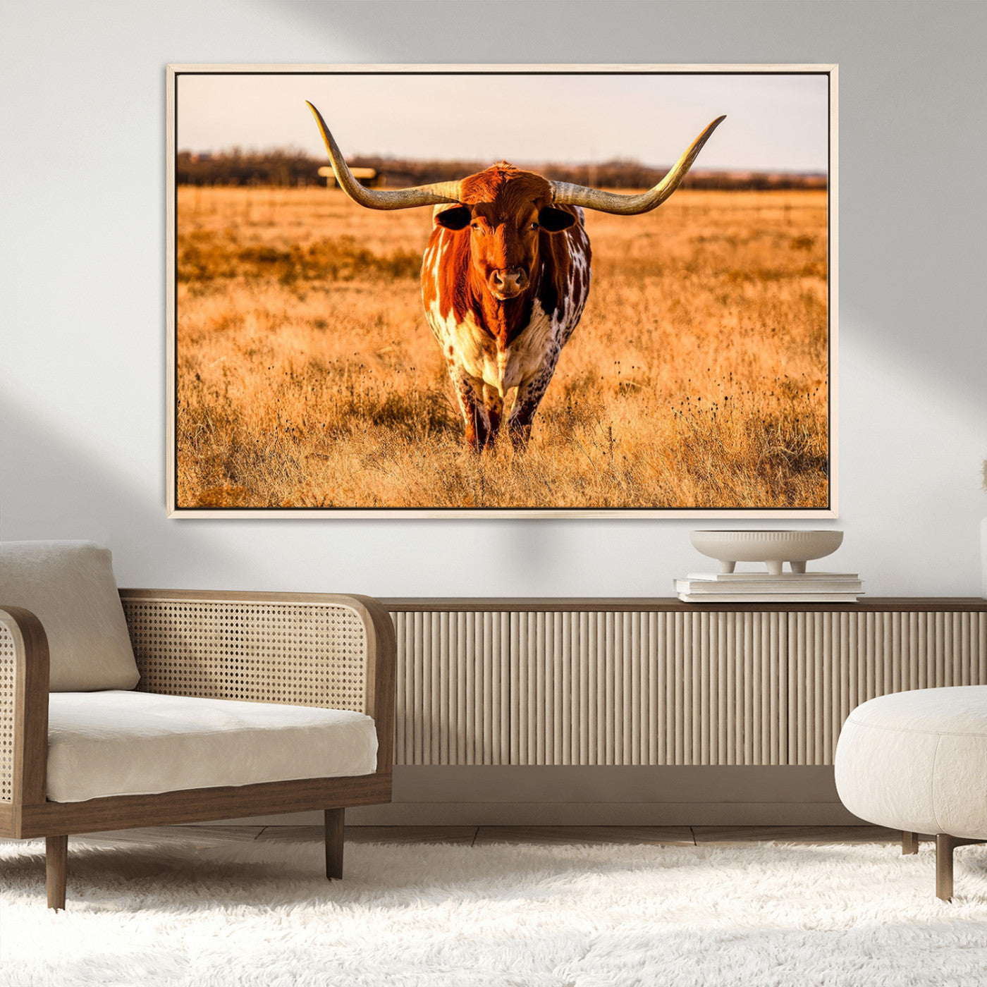 MGV-FC-36X24 - Longhorn Cow Wall Art | Ready to Hang Framed Canvas Print for Farmhouse and Barn Decor