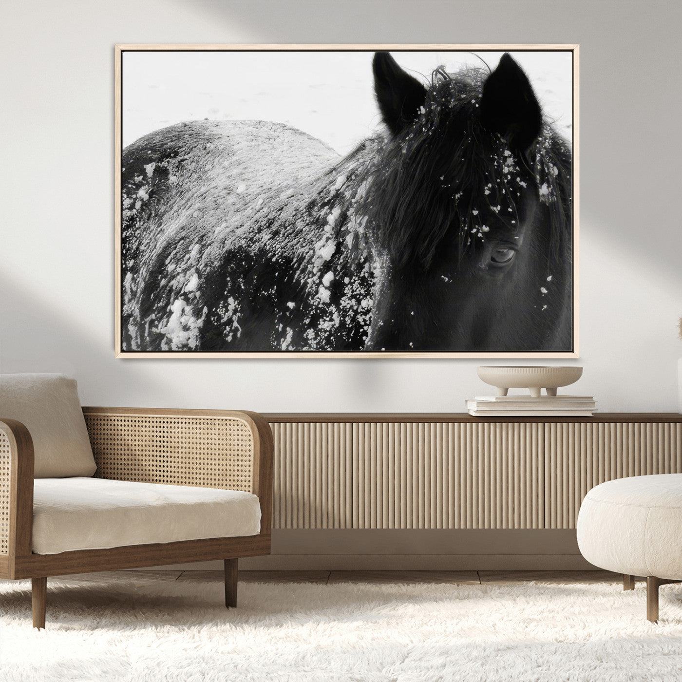 MGV-FC-36X24 - Black Horse in Snow Canvas Print | Winter Horse Wall Art | Ready to Hang and Framed | Farmhouse Wall