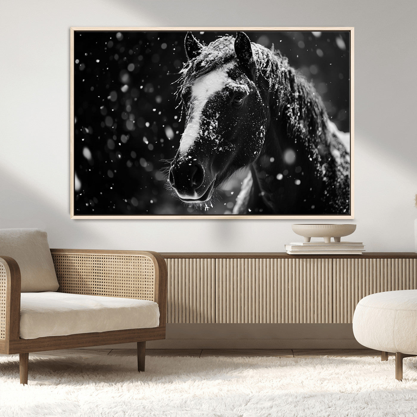 MGV-FC-36X24 - Winter Horse Wall Art | Black and White Horse Print | Ready to Hang and Framed | Farmhouse Wall Art