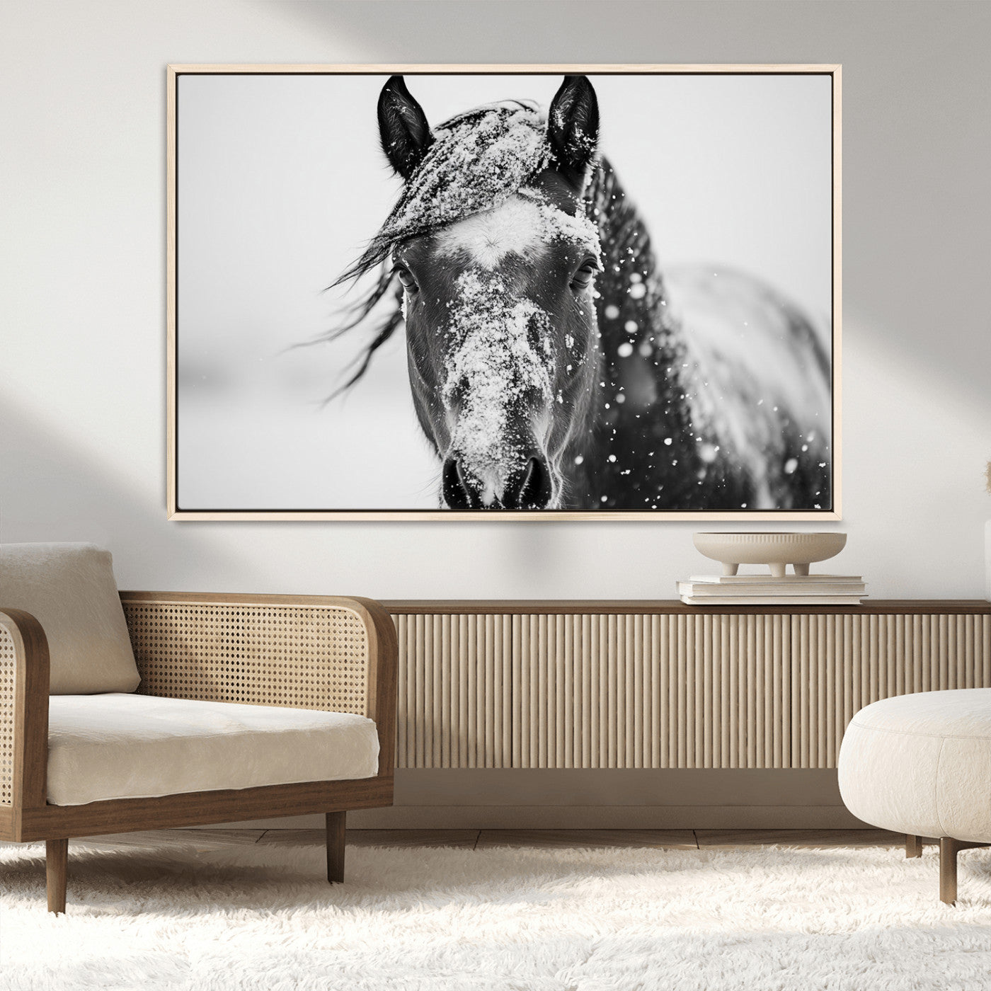 MGV-FC-36X24 - Western Wall Art | Black and White Winter Horse Wall Art | Ready to Hang and Framed | Farmhouse and