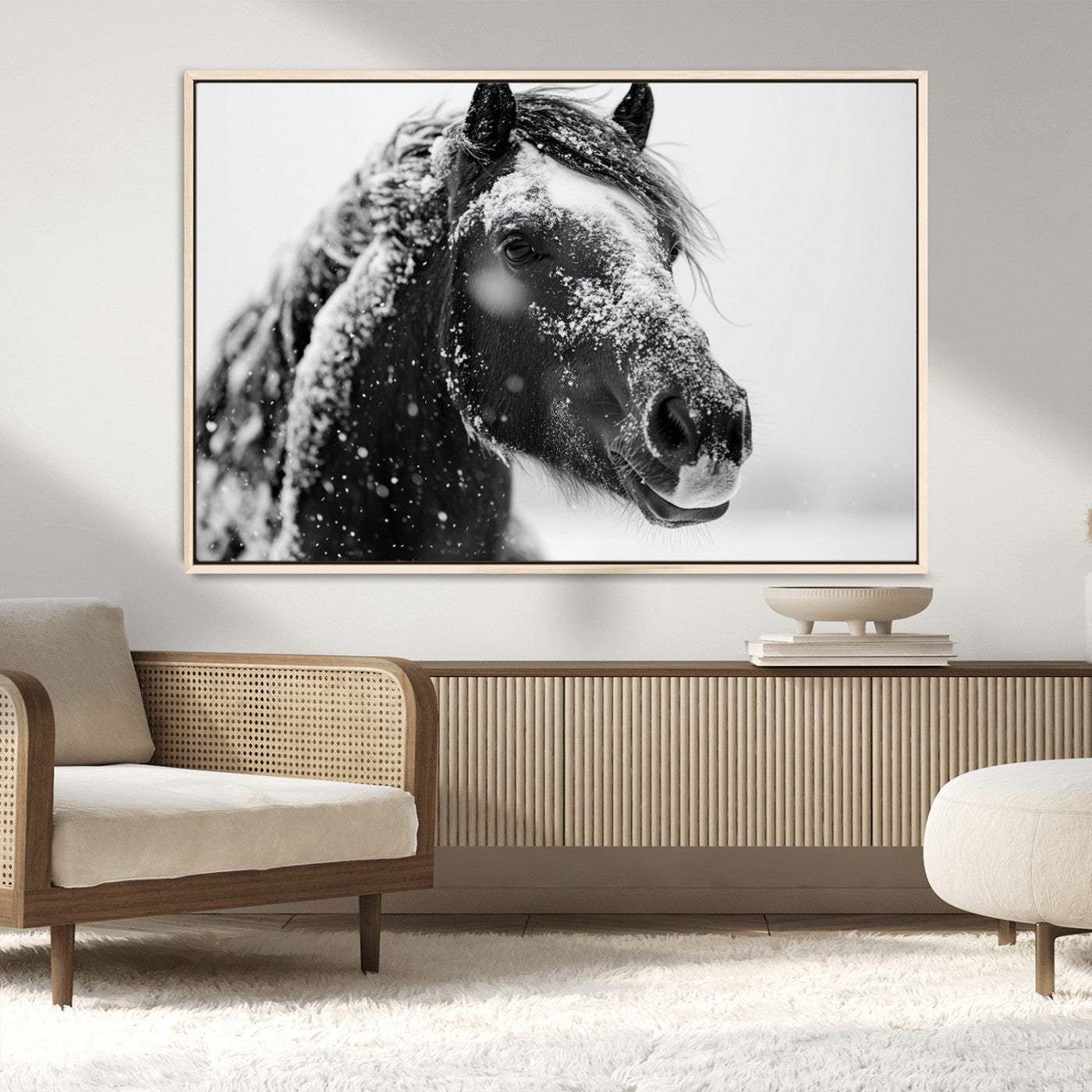 MGV-FC-36X24 - Winter Horse Canvas Print | Large 3-Panel Black White Equine Photography for Rustic Farmhouse Wall