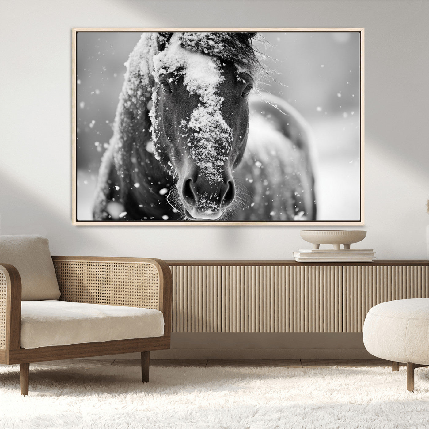 MGV-FC-36X24 - Black and White Horse Winter Wall Art | Ready to Hang and Framed | Farmhouse Wall Decor | Western